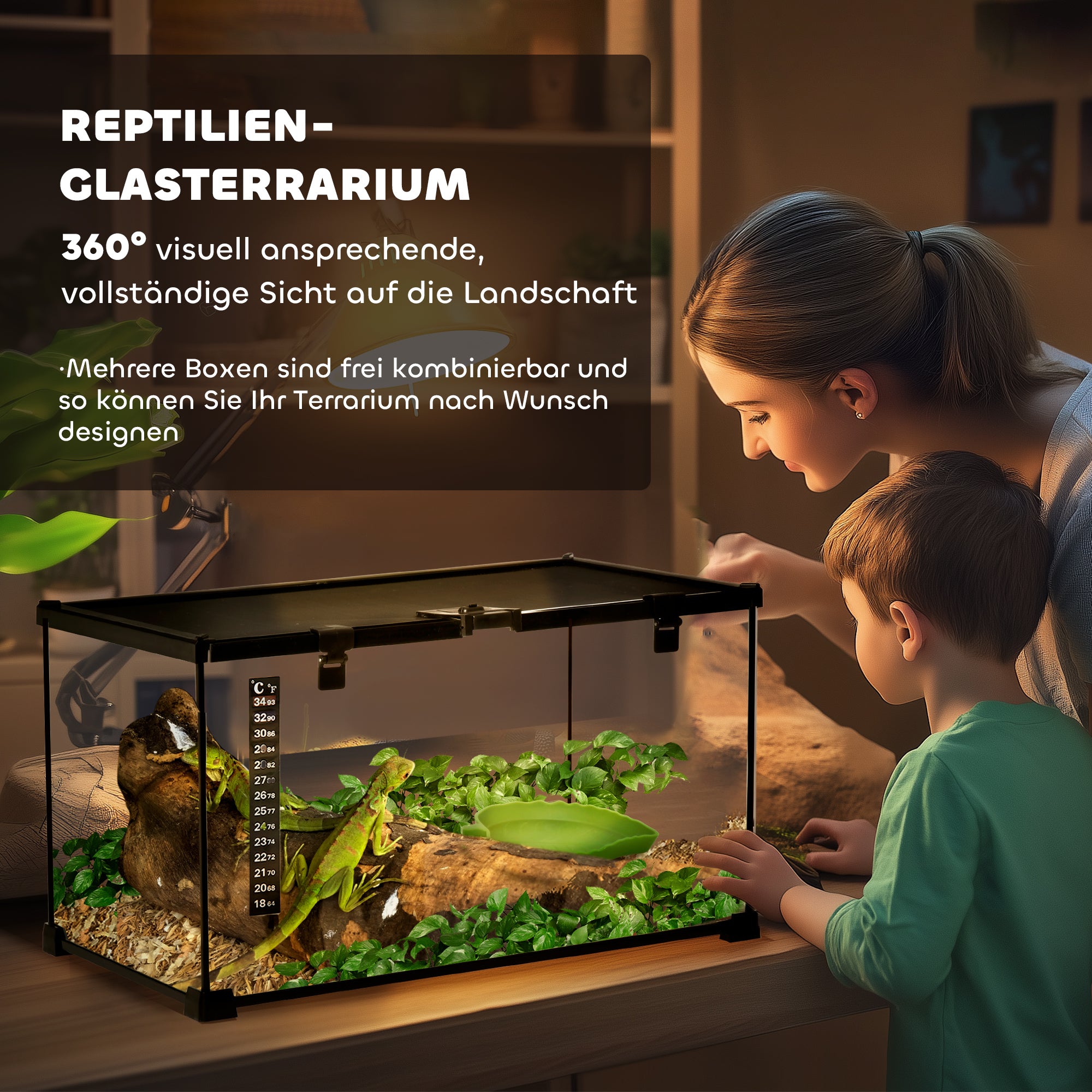 PawHut Reptilienbox Terrarium, inkl. Streifenthermometer, Fütterungsklappen, 50 cm x 30 cm x 25 cm, Glas + Metall, Schwarz