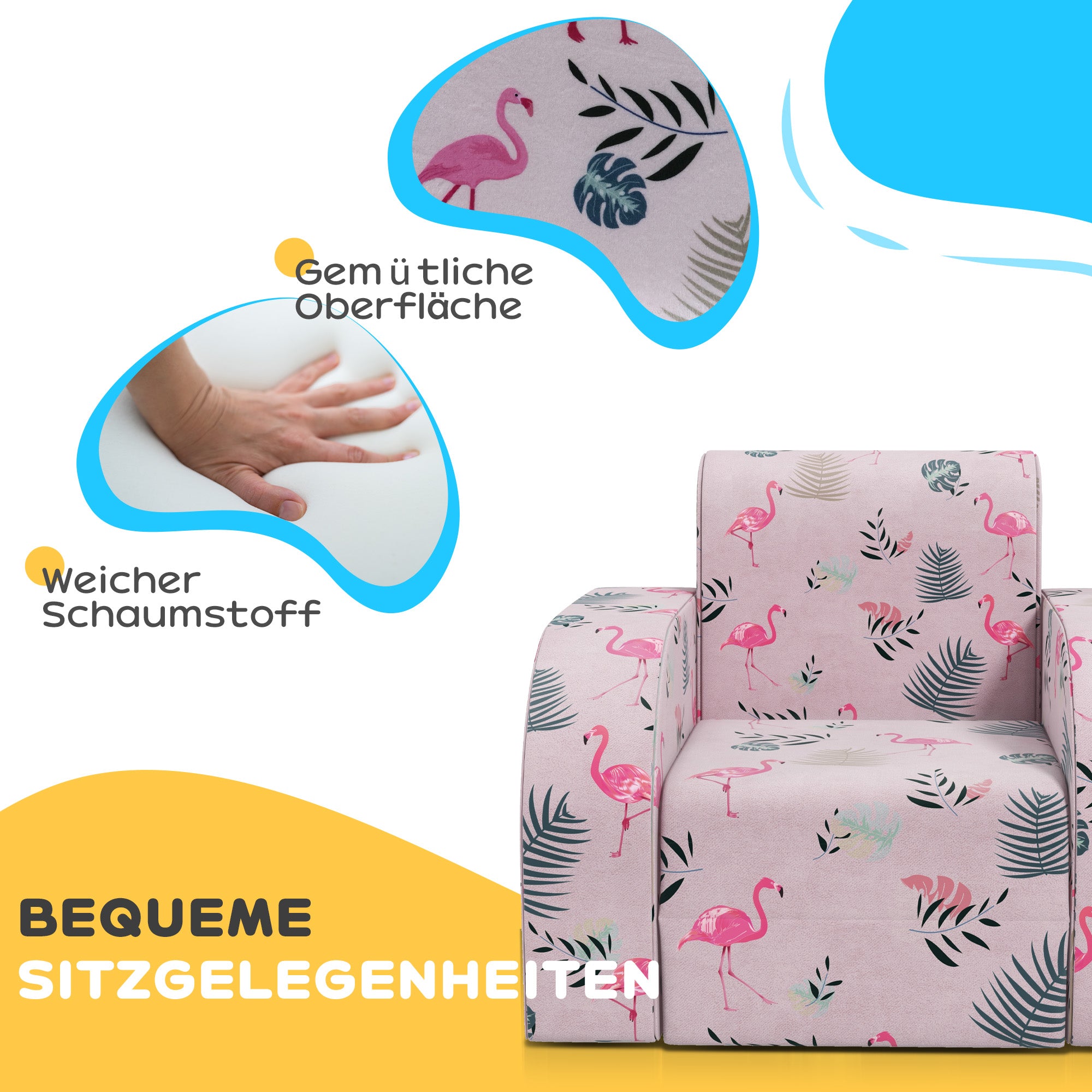 AIYAPLAY Kindersessel mit Bettfunktion, bis 3 Jahre/45 kg, Flamingo-Muster, 46,5x93x28,5 cm, Rosa