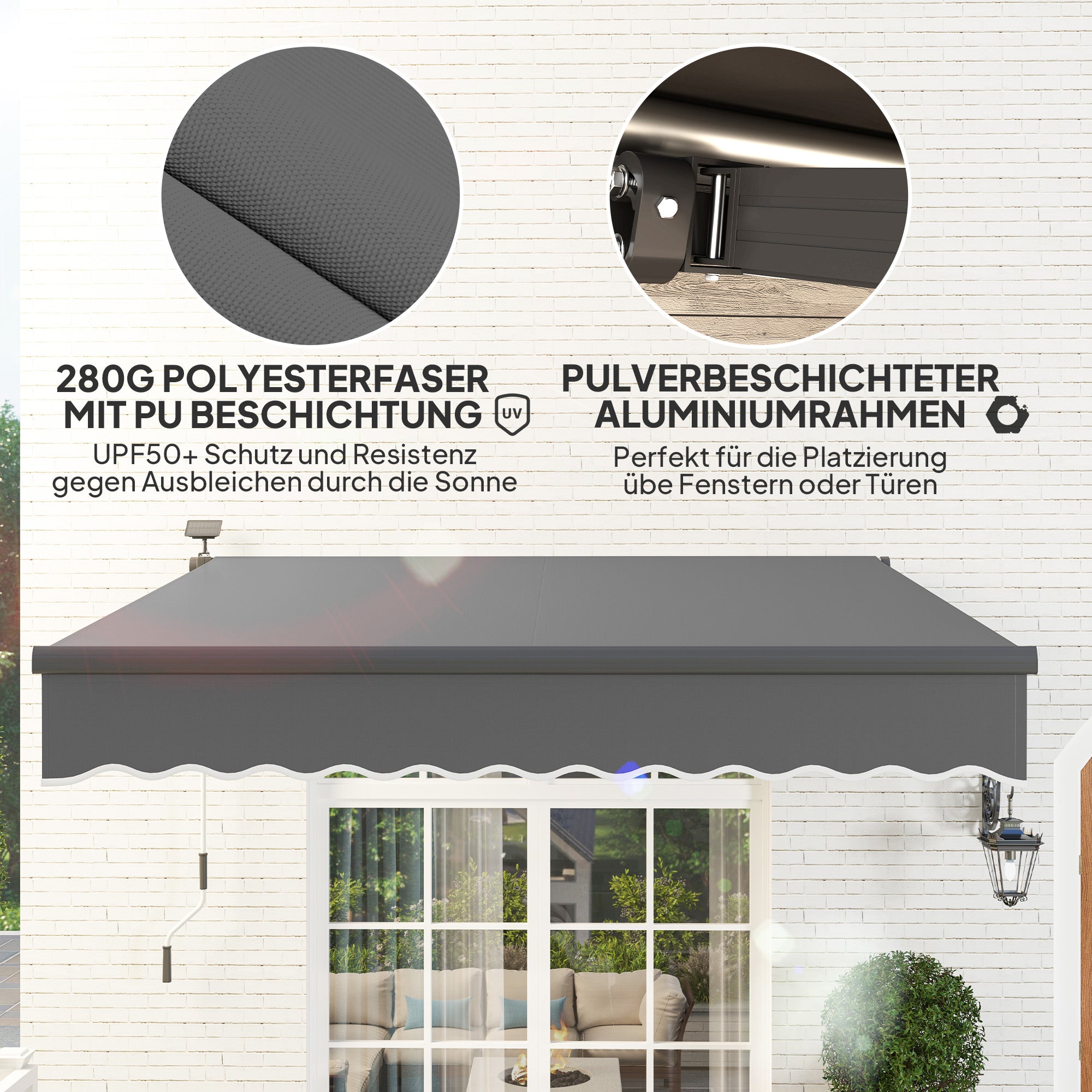 Outsunny Klemmmarkise mit Handkurbel Solar-Lichte Gelenkarmmarkise Markise Sonnenschutz UV 50+ 300 cm breit Grau