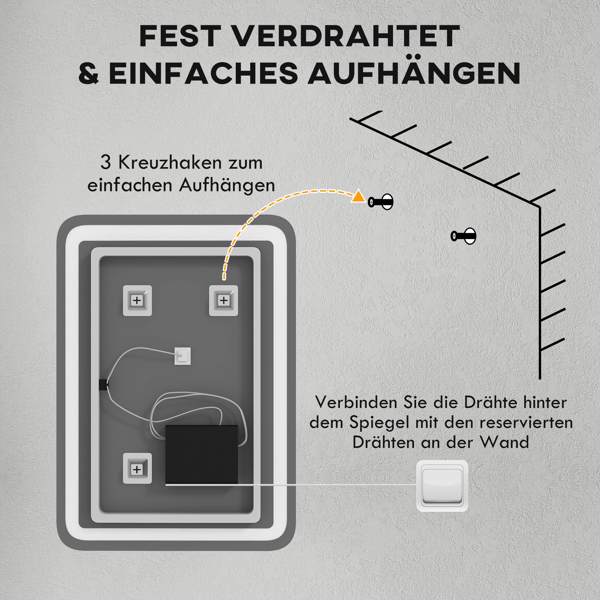 HOMCOM Badezimmerspiegel, beleuchtet, Touch-Steuerung, beschlagfrei, dimmbar, 3 Lichtfarben, 50x70, Silber