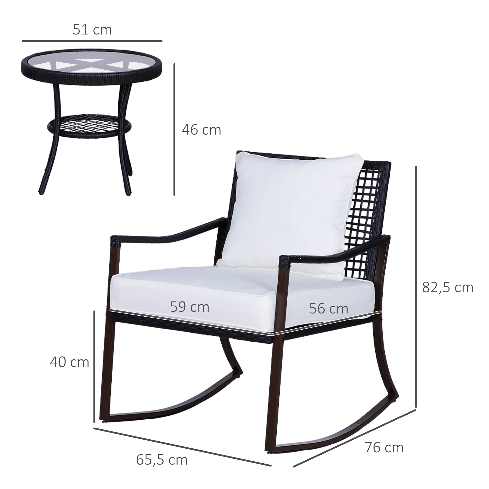 Outsunny Gartenmöbel-Set für 2 Personen, 2 Schaukelstühle, 1 Tisch, inkl. Polster, Braun + Weiß