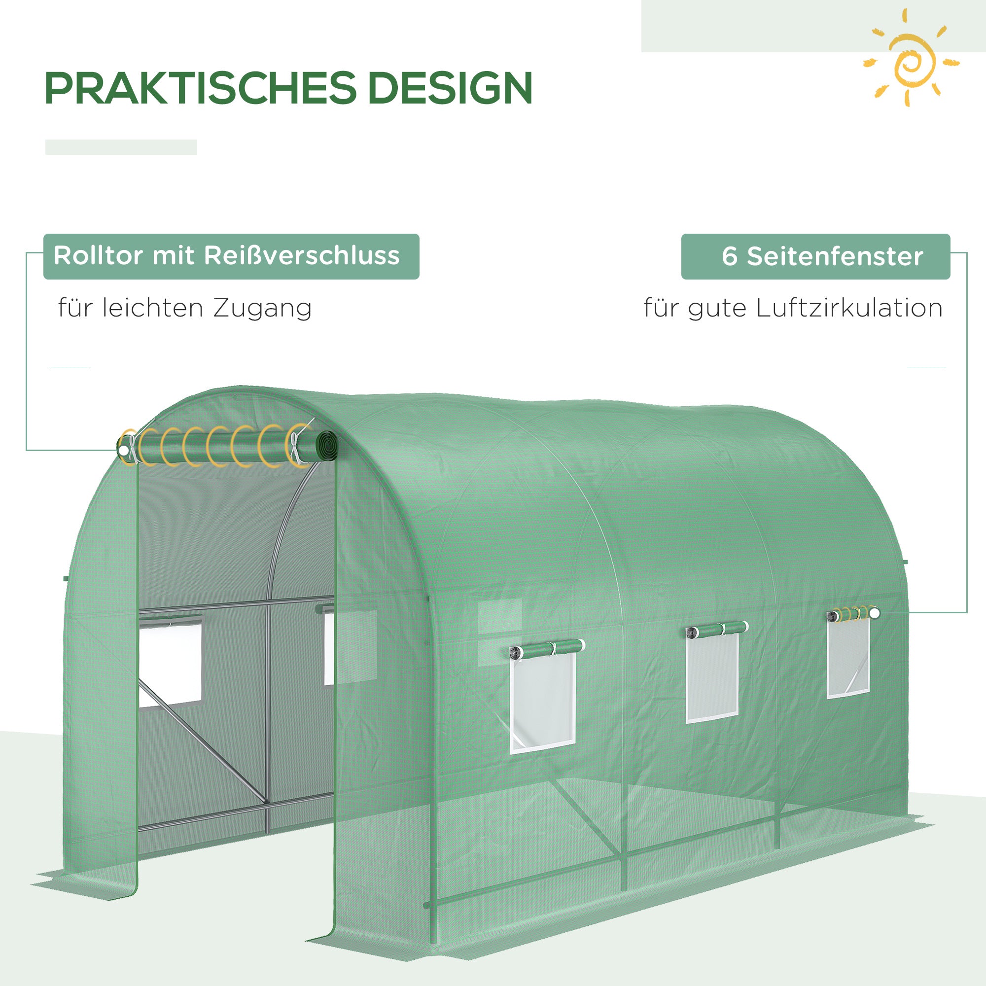 Outsunny Gewächshaus 350x200x200cm Foliengewächshaus Tomatenhaus mit Tür, 6 Fenster, Folientunnel aus verzinktem Stahl, PE, stabiles Treibhaus Pflanztunnel, inkl. Erdanker & Seilen, Grün