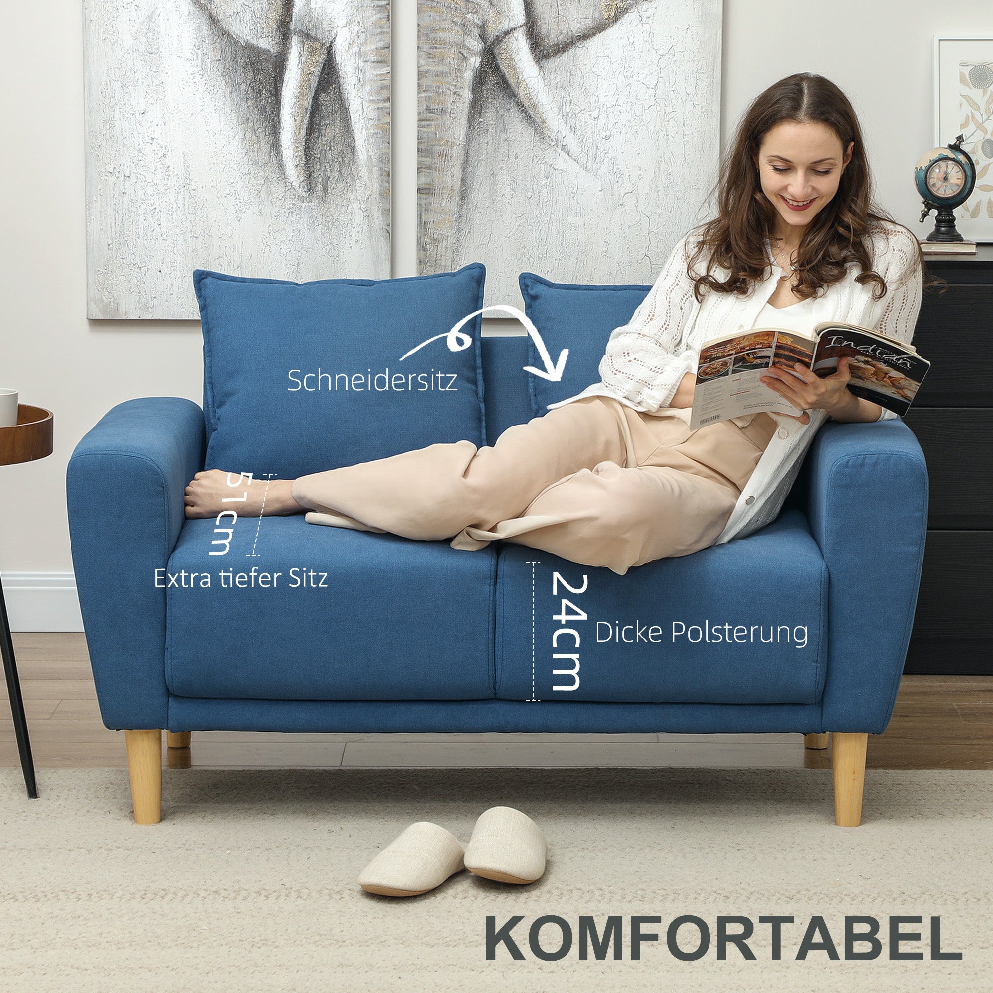 HOMCOM Zweisitzer-Sofa, moderne Stoffcouch, 2 Rückenkissen, Eukalyptus-Holzrahmen, 133 x 73 x 81 cm, Blau