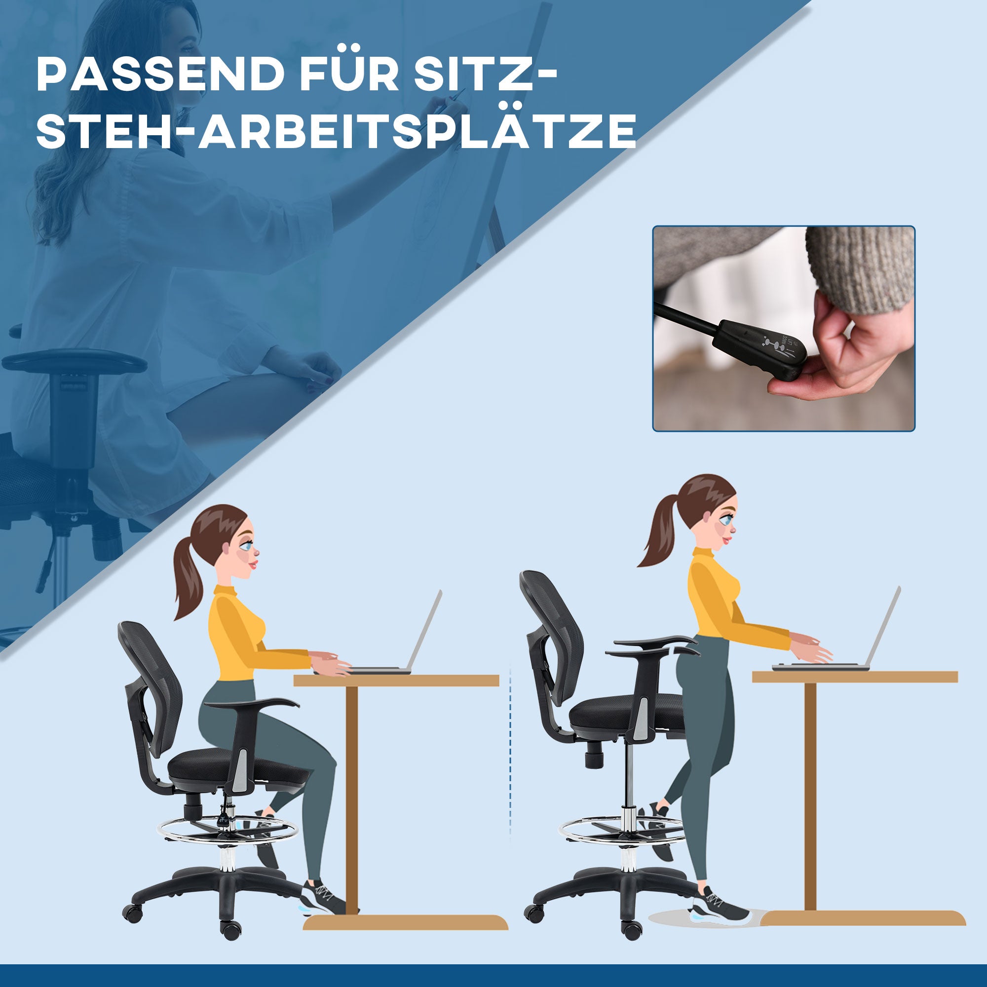 Vinsetto Zeichenstuhl Schreibtischstuhl Computerstuhl, inkl. Fußstütze, höhenverstellbar, 59 x 59 x115 cm, Schwarz