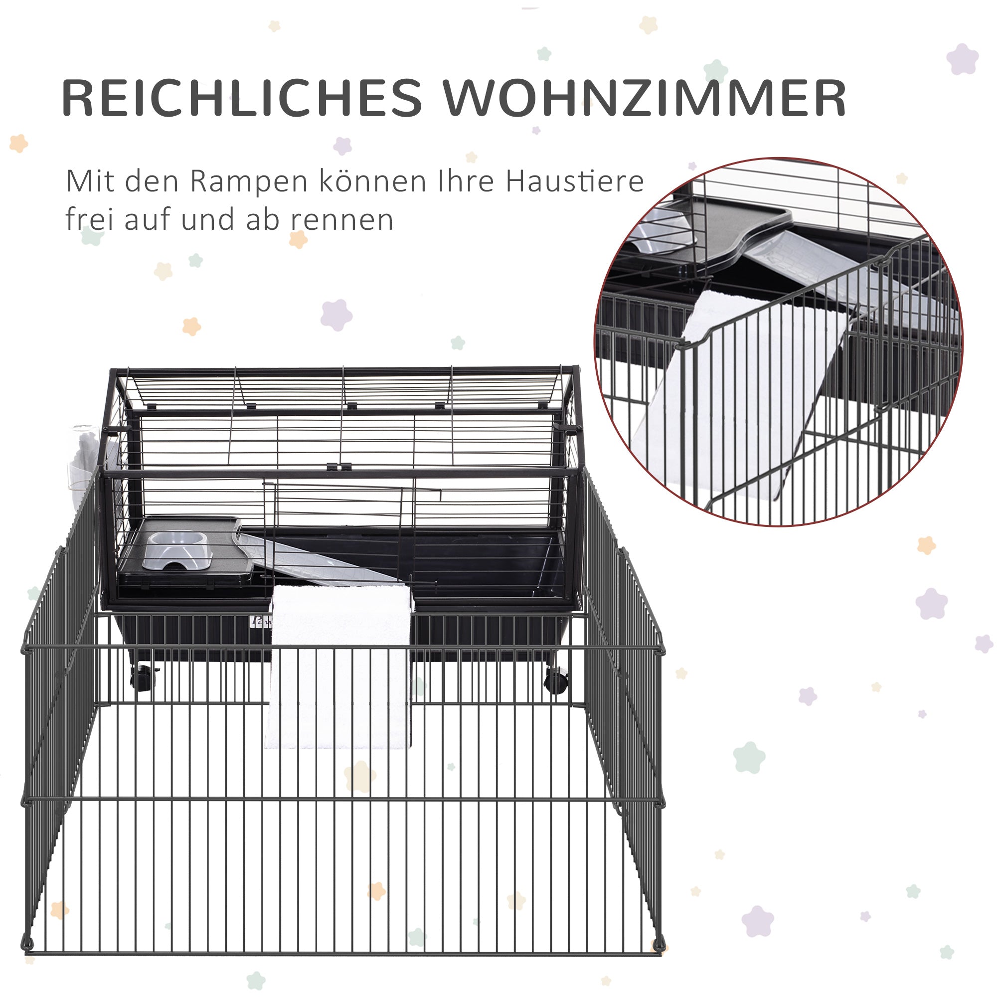 Pawhut Kleintierkäfig mit Freigehege inkl. Zubehör 88 cm x 128,5 cm x 56 cm  4 Rollen Schwarz Metall Polypropylen