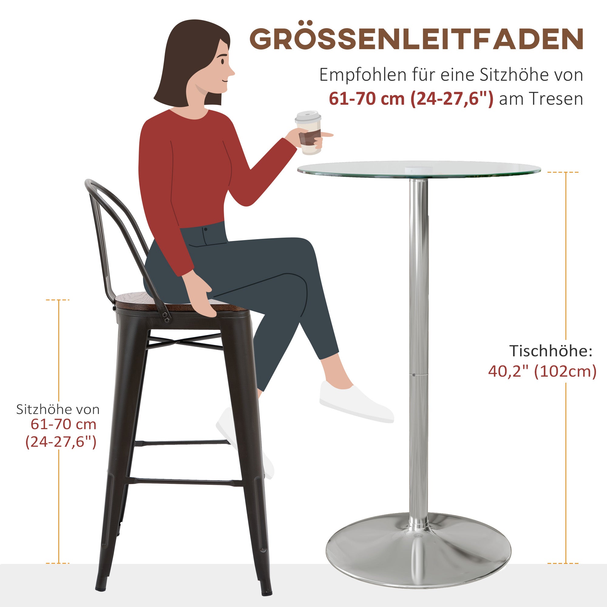 HOMCOM Bartisch Stehtisch, Runder Tisch, gehärtet Glasplatte, modernes Design, 60 x 60 x 102 cm, Silber