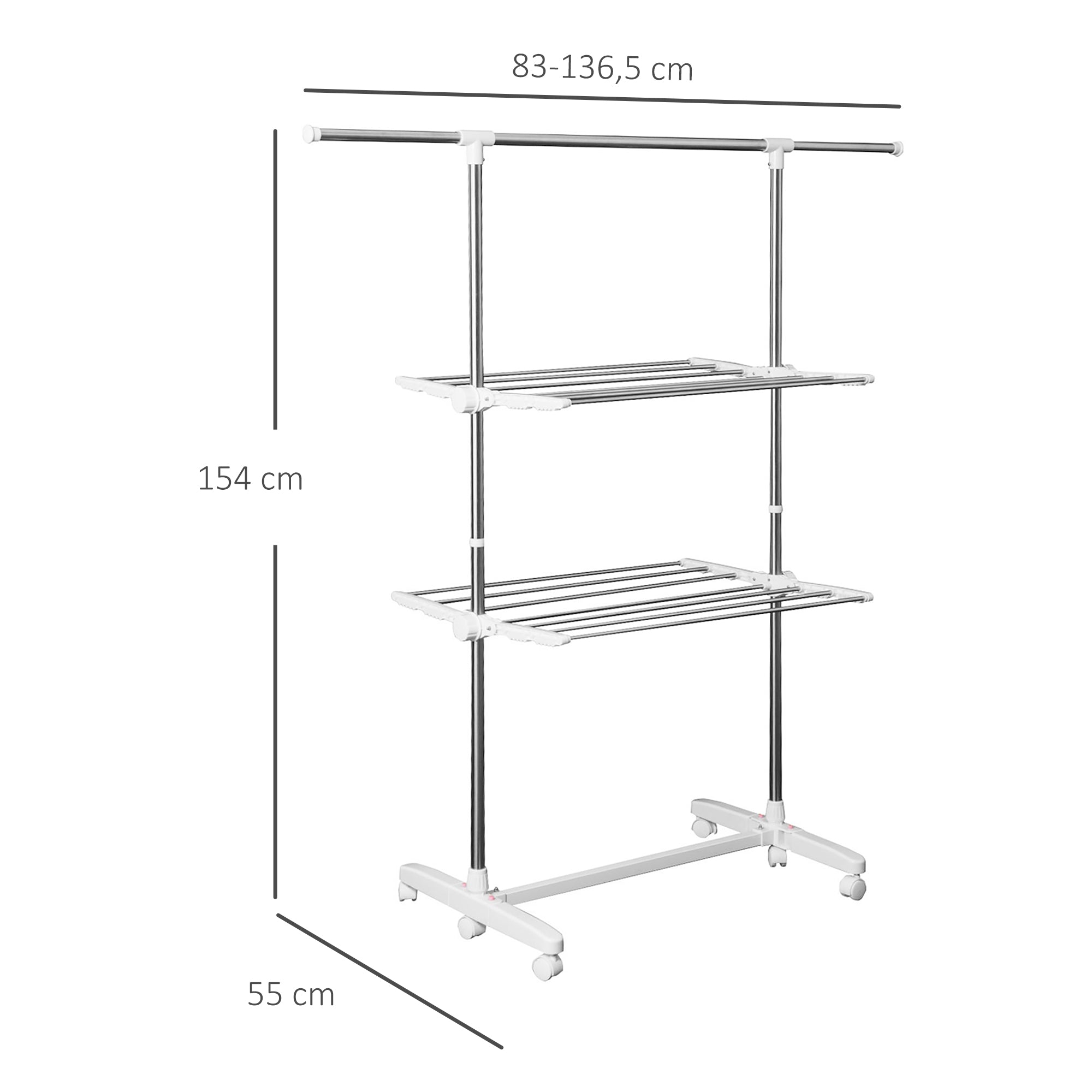 HOMCOM Turmwäscheständer ausziehbar Standtrockner mit 3 Ebenen, klappbare Flügel, Rollen, Wäschetrockner für Innen und Außen, Weiß, 83-136,5 x 45,5 x 154 cm