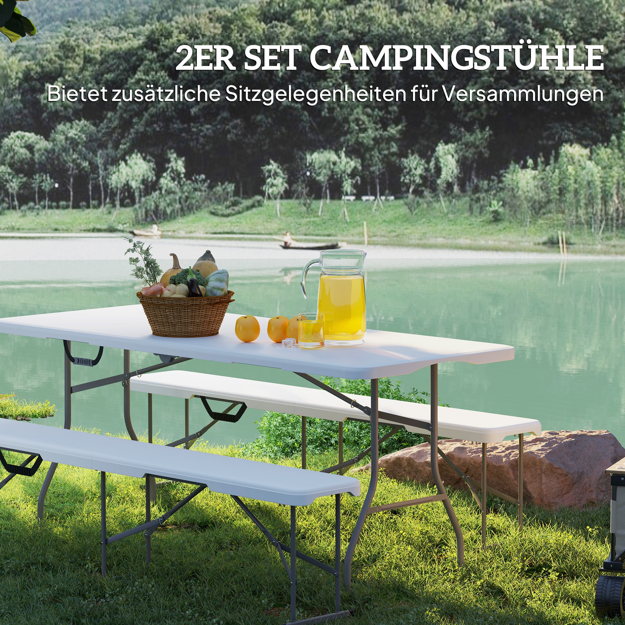 Outsunny Campingbank, Kunststoff-Outdoor-Bank, 240 kg Belastbarkeit, Weiß