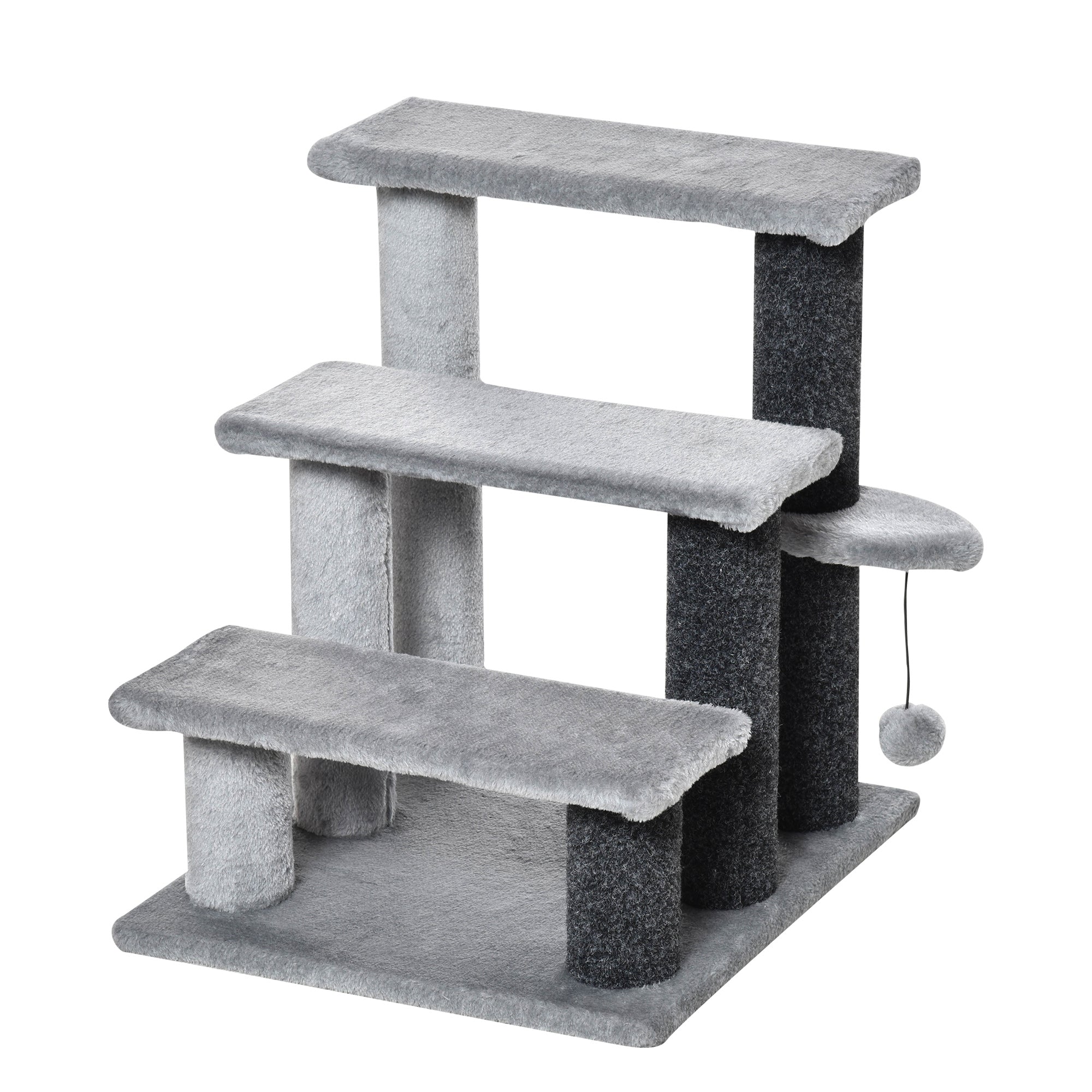PawHut Katzentreppe 3-stufige Haustiertreppe mit Kratzsäulen Ball Hundetreppe Tiertreppe für Katzen bis 5 kg Plüsch Jute Grau 45 x 40 x 48 cm