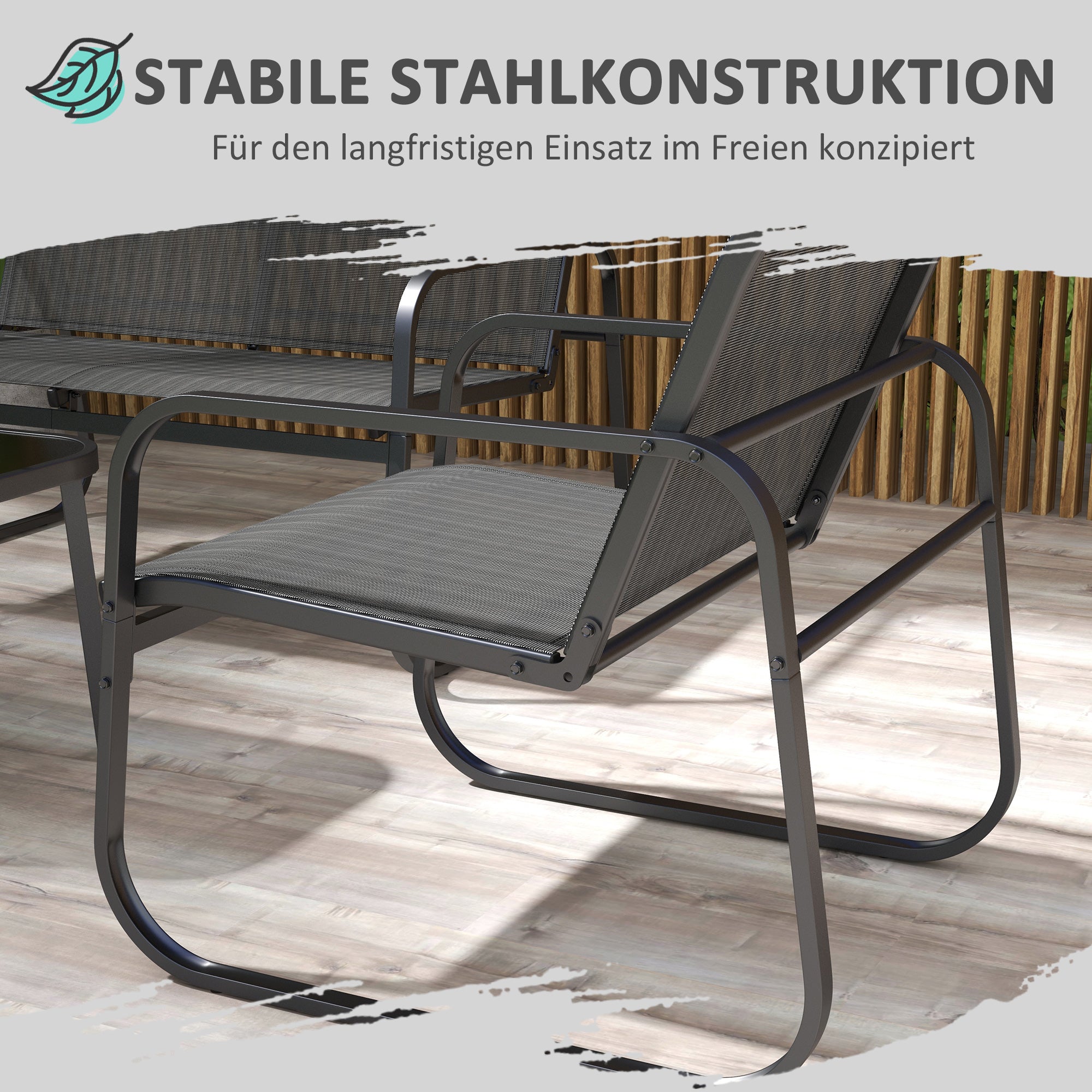 Outsunny 4-teilige Gartengarnitur, 2 Sessel, 2-Sitzer-Sofa, Tisch mit Glasplatte, atmungsaktiver Stoff, Metallrahmen, Schwarz