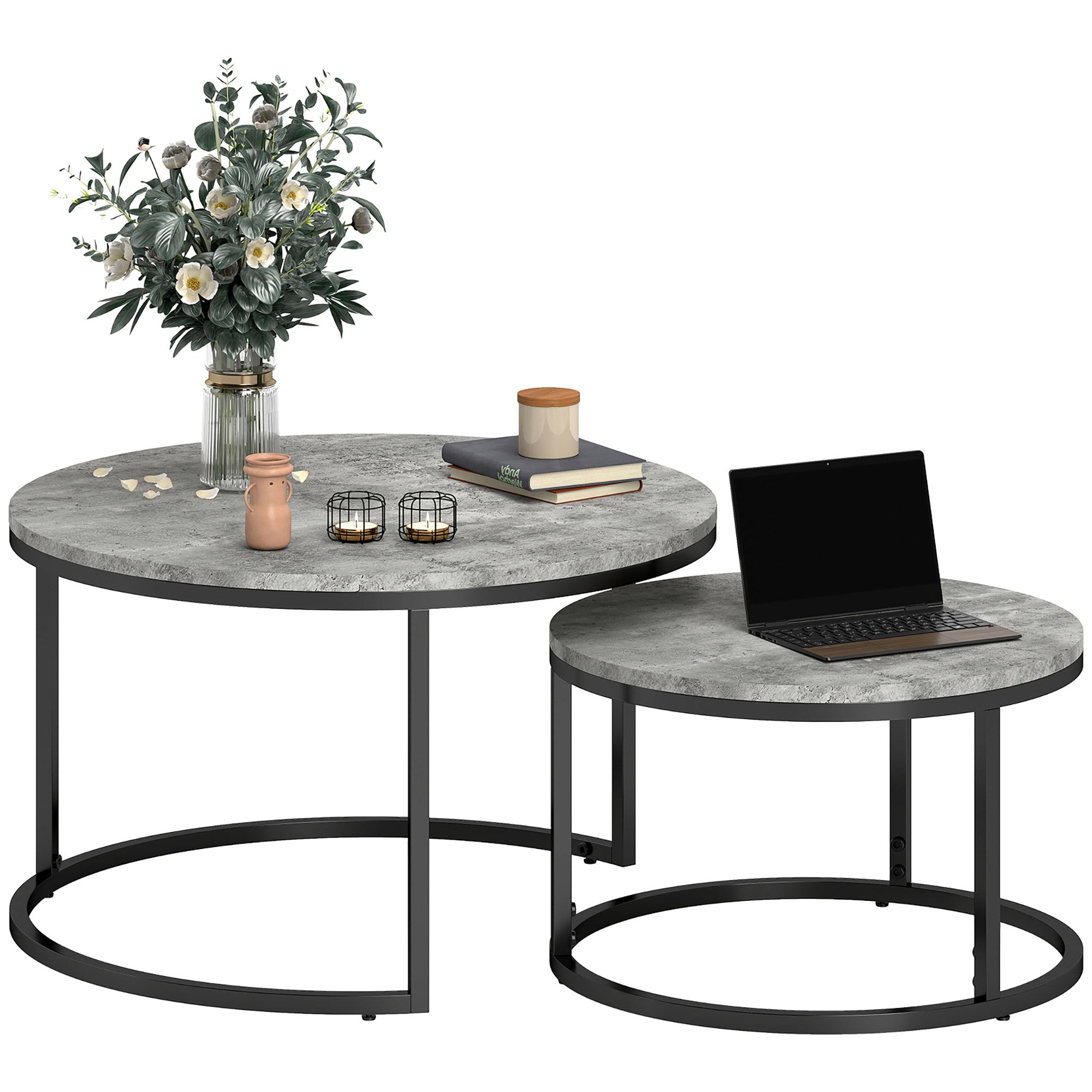 HOMCOM Couchtisch-Set, 2 runde Satztische, Industriedesign, Metallgestell, Marmoroptik/Grau
