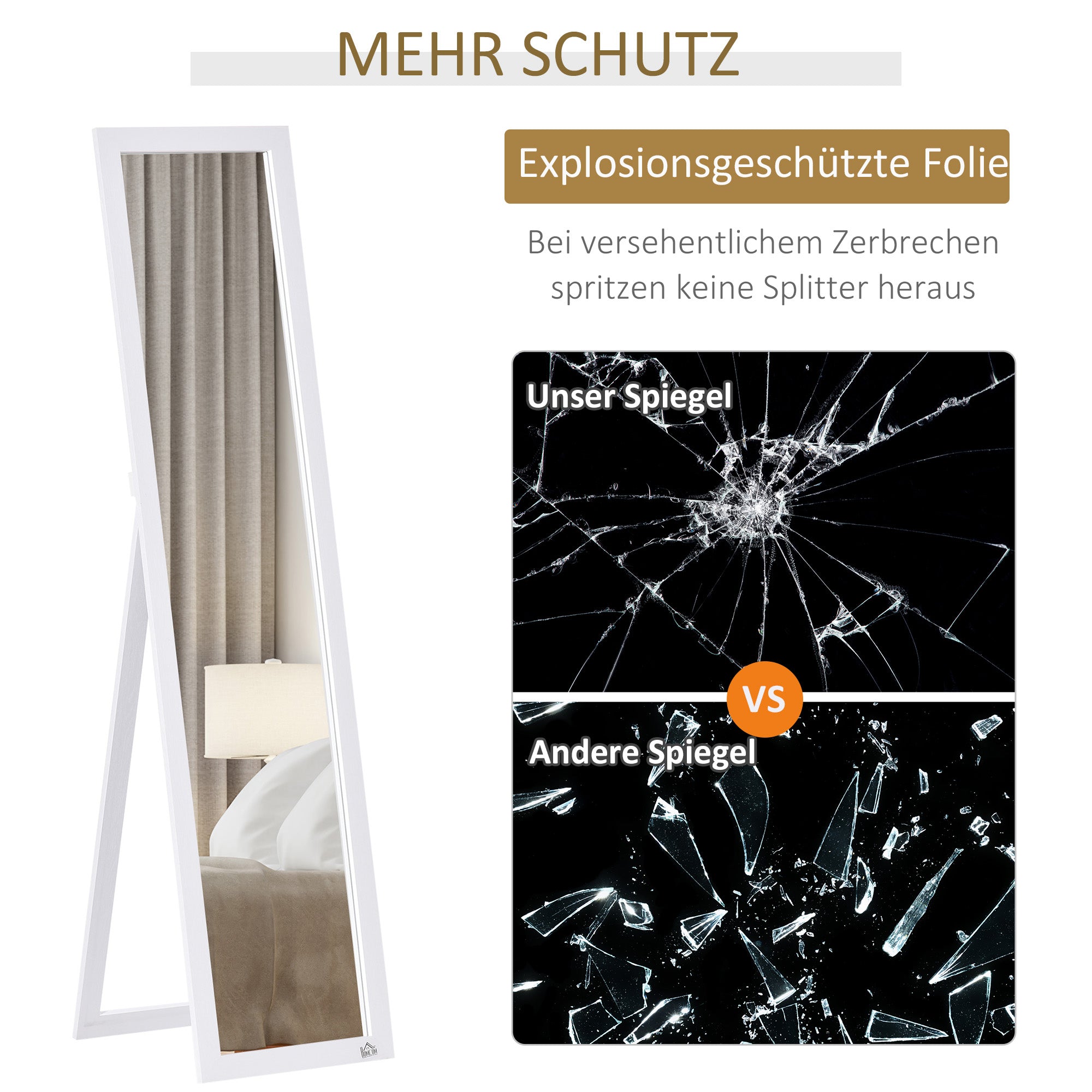 HOMCOM Ganzkörperspiegel, freistehend, Wandmontage, MDF-Rahmen, 37 x 37 x 154 cm, Weiß