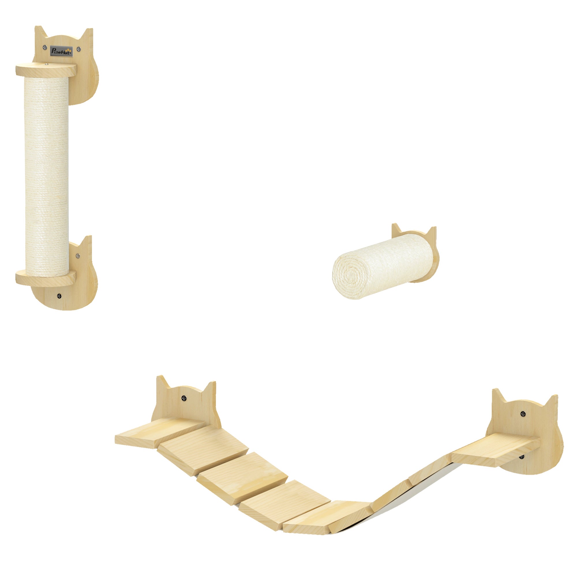 PawHut 3-teiliges Katzenkletter-Set, wandmontierter Katzenbaum mit Kratzpfosten, Stufe, Leiter, Naturholz