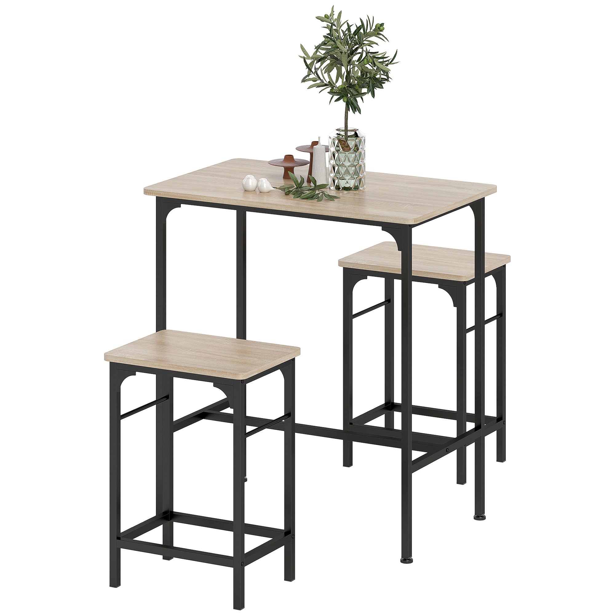 HOMCOM Bartisch Set Bartisch mit Barhocker-Set Esstisch mit 2 Stühlen mit Rutschfestem Fußpolster Naturholz