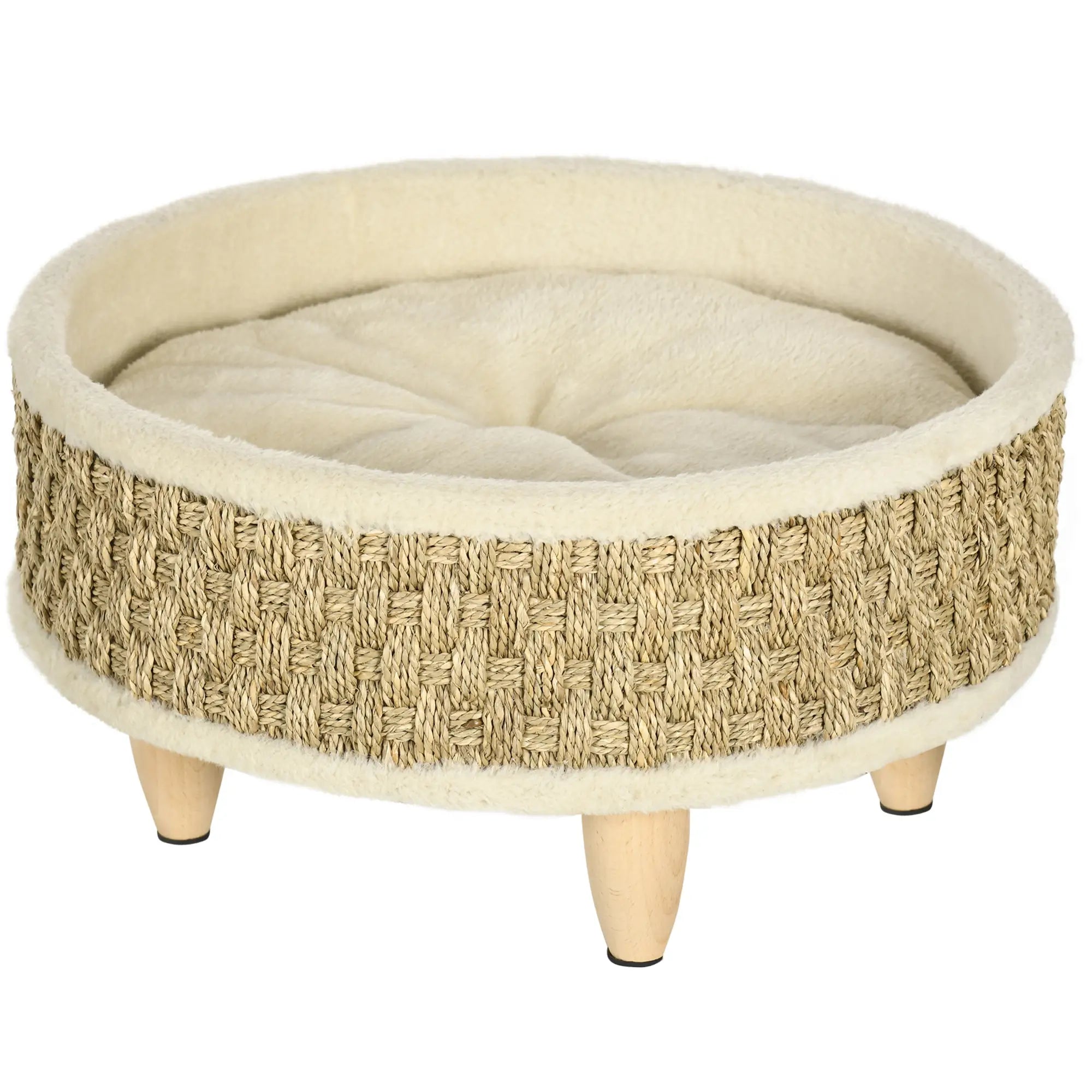 PawHut Haustierbett für Katzen und Hunde, Seegras, waschbares Kissen, 48 cm x 48 cm x 24,5 cm, Beige + Khaki - Natur
