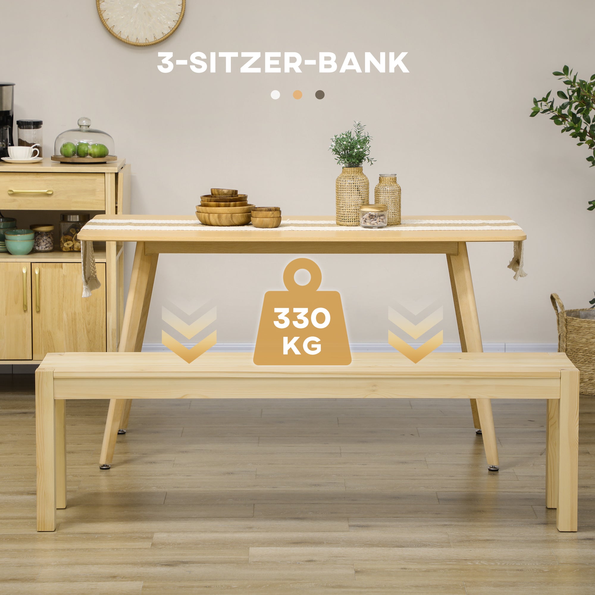 HOMCOM Sitzbank aus Massivholz, 3-Sitzer, Bank, Küchenbank, Kiefernholz, Natur