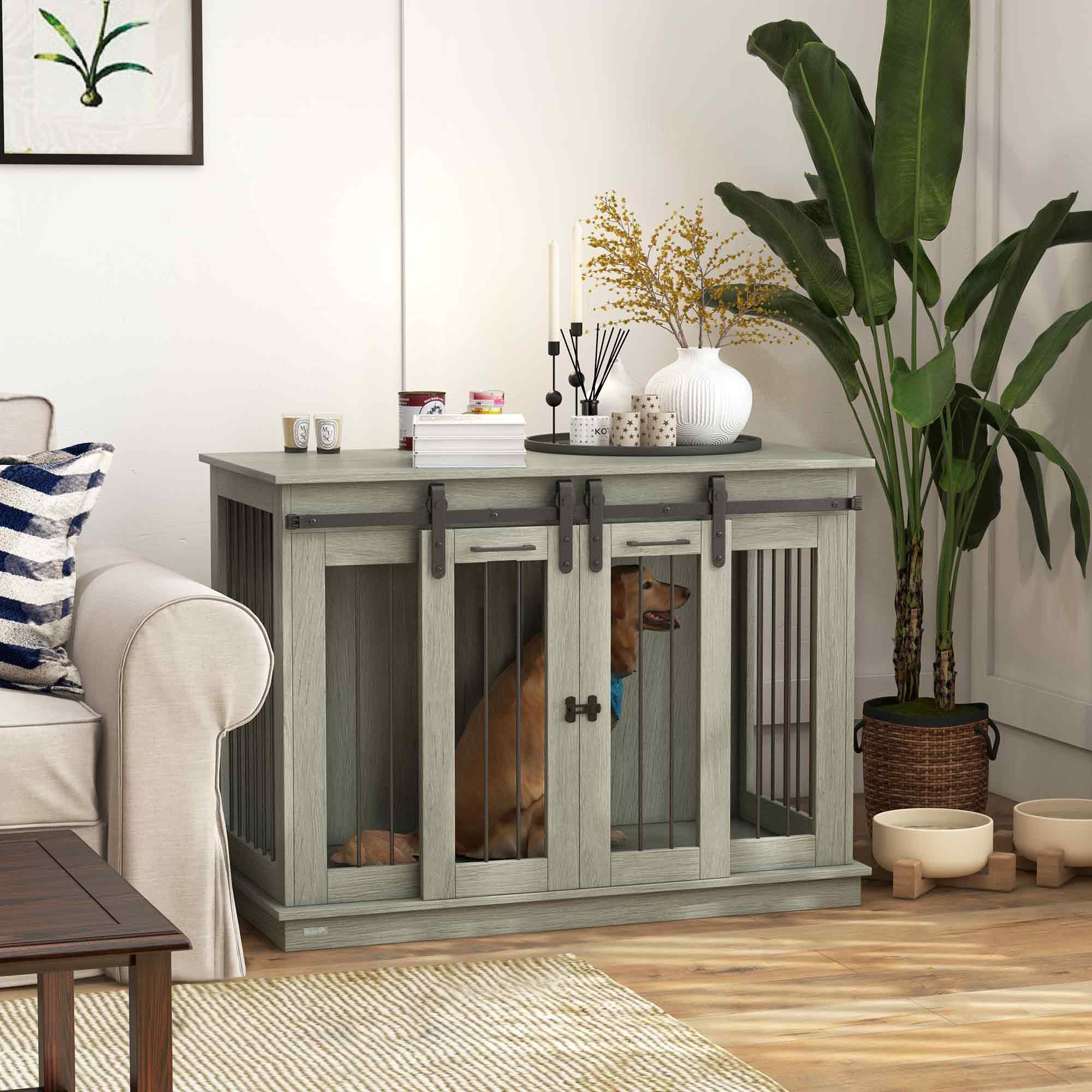 PawHut Hundekäfig mit 2 Türen, Hundebox, Transportbox für Hunde, rustikales Design, verriegelbar, Grau
