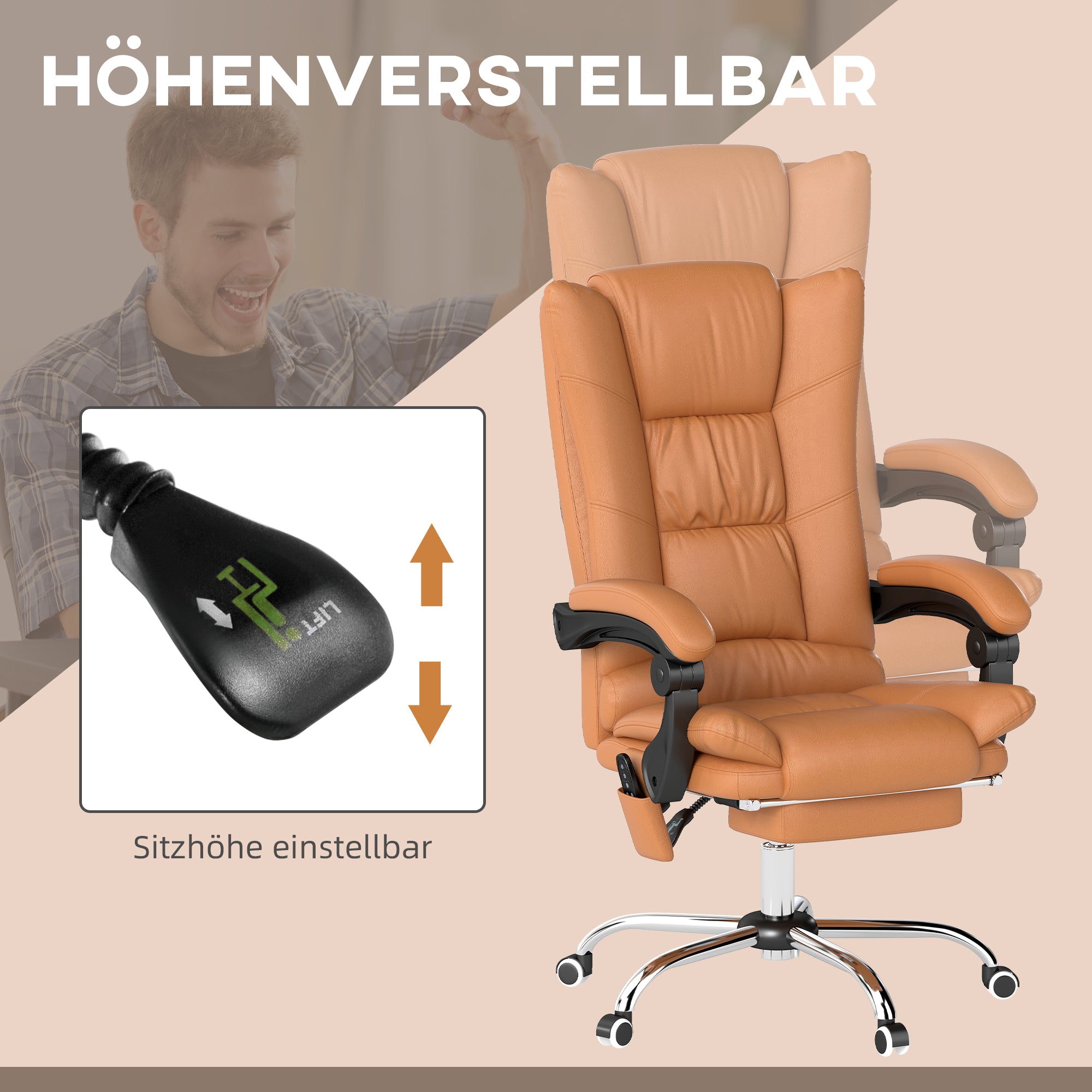 Vinsetto Massage-Bürostuhl, Schreibtischstuhl mit Heizfunktion, Drehstuhl, Liegefunktion, höhenverstellbarer PC-Stuhl, Hellbraun
