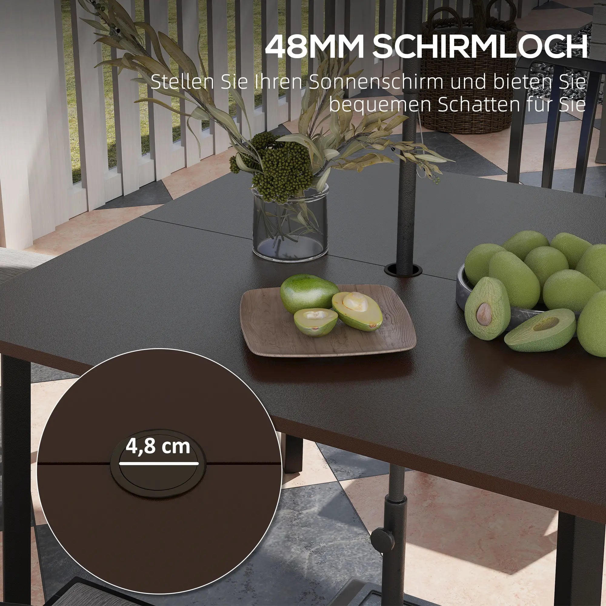Gartentisch 100x100 cm für 4 Personen, Braun, mit Schirmloch