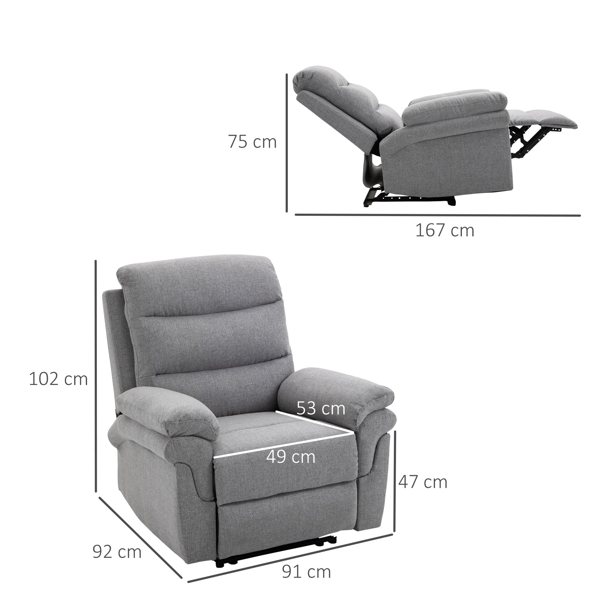 HOMCOM Relaxsessel mit Liegefunktion Einzelsofa Verstellbar Liege 165° neigbar Liegesessel Ruhesessel Fernsehsessel für Wohnzimmer Schlafzimmer Leinen-Touch Hellgrau 91 x 92 x 102 cm