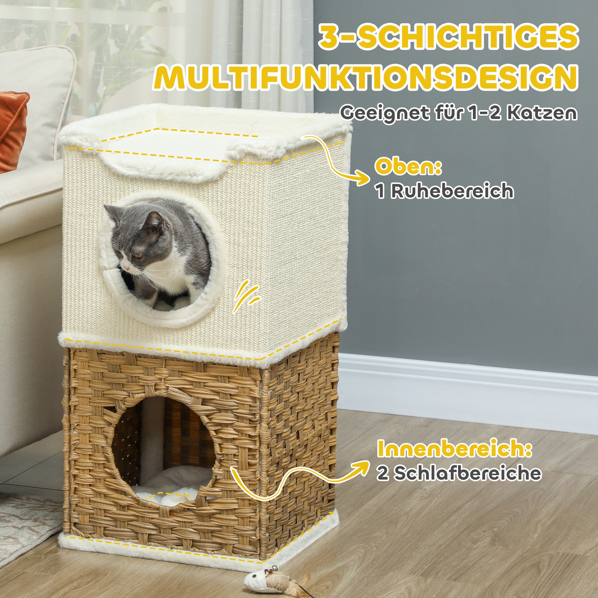 PawHut Kratztonne 75,5 cm Hoch dreistöckige mit Plüschrand, Kissen, Katzenhöhle, für mittelgroße Katzen, Cremeweiß