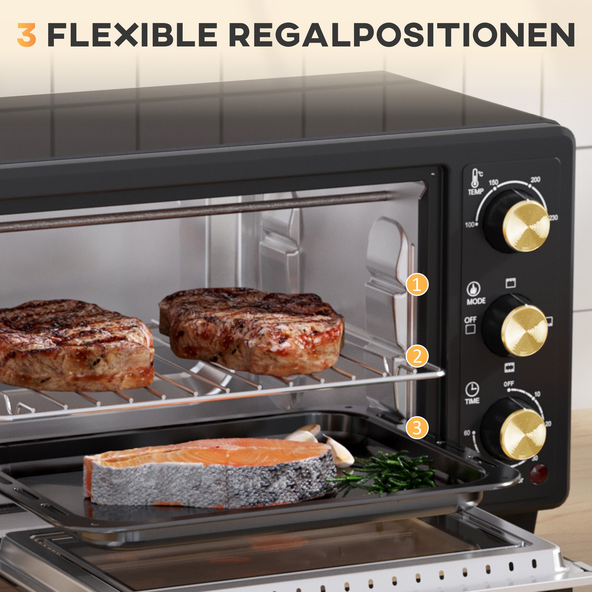 HOMCOM Mini-Ofen, Toasterofen, Timer, Gitterrost, Backblech, Glasfenster, Metall, Schwarz