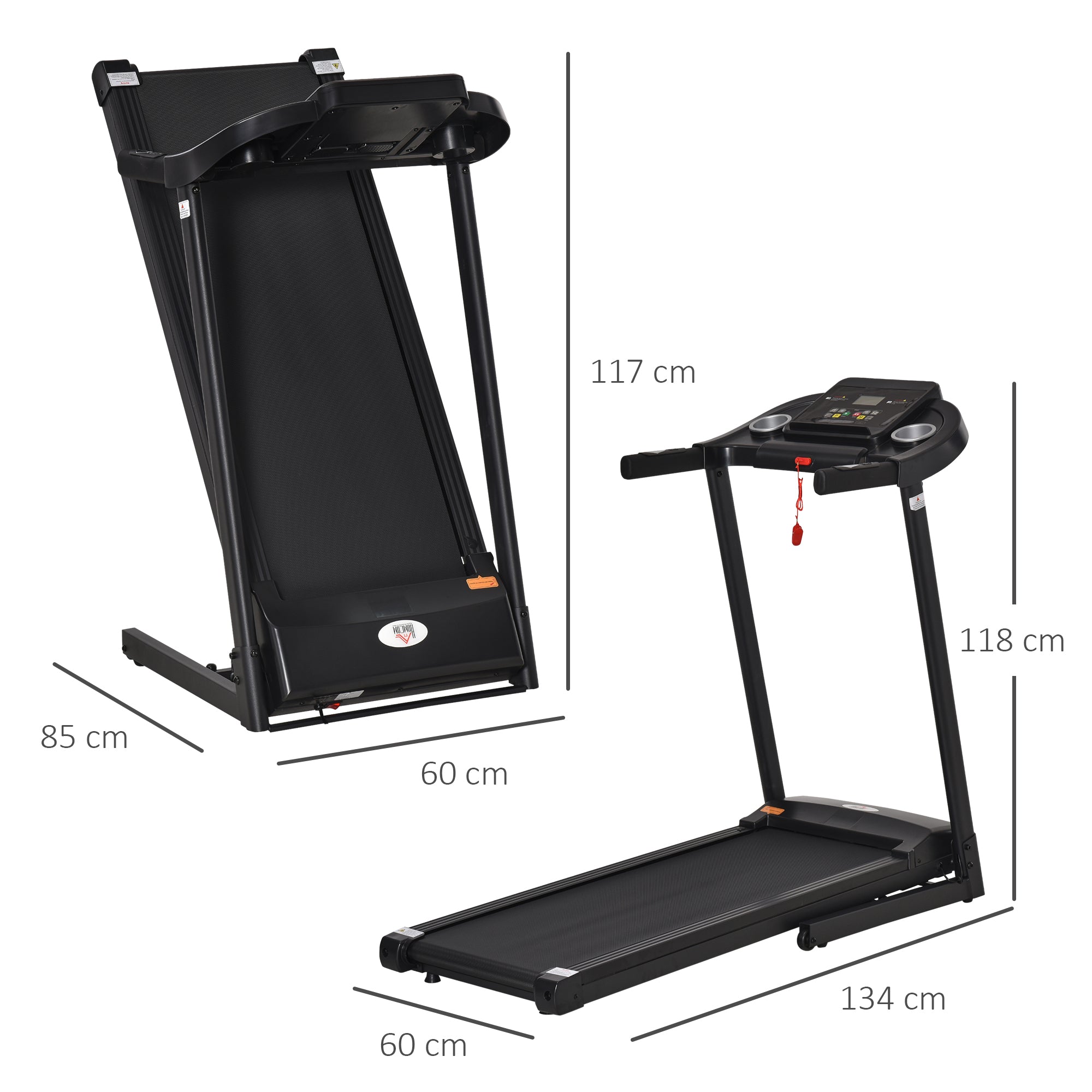 HOMCOM Laufband Klappbar elektrisch 500 W 1-12 km/h LED-Display Getränkehalter und Handyhalterung sehr gut geeignet für Home Gym Indoor Fitness Schwarz 134 x 60 x 118 cm