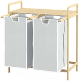 HOMCOM Wäschekorb mit 2 Waschsäcken, 1 Ablage, Bambus, 63,5 cm x 33 cm x 73 cm, Hellgrau + Natur, 63,5cm x 33cm x 73cm