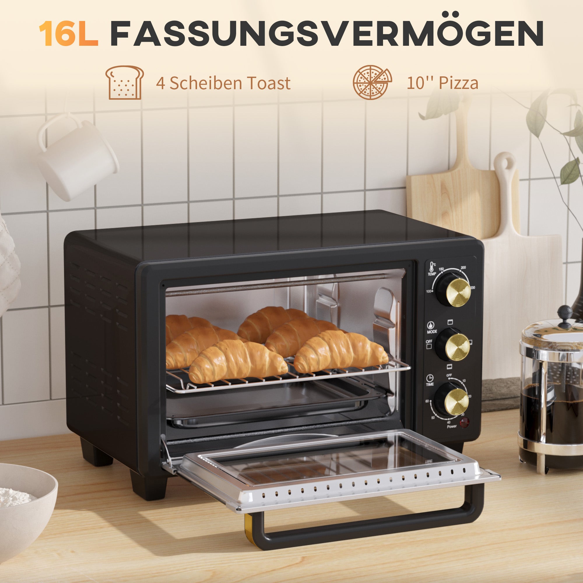HOMCOM Mini-Ofen, Toasterofen, Timer, Gitterrost, Backblech, Glasfenster, Metall, Schwarz