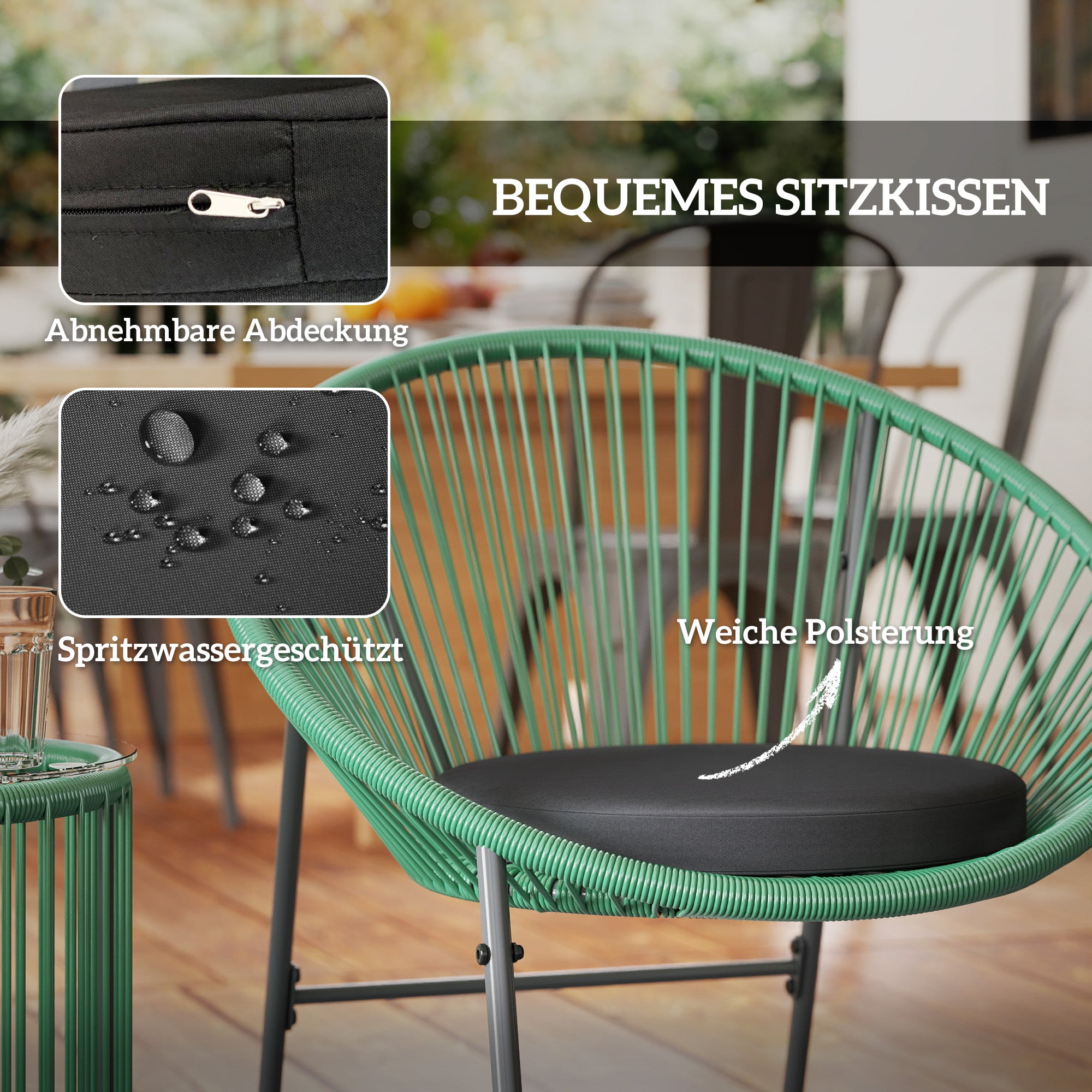 Outsunny 3-teiliges Outdoor-Möbelset, 1 Tisch, 2 Stühle, Glastischplatte, Kunststoff-Rattan um Stahlrahmen, weiche Kissen, Grün