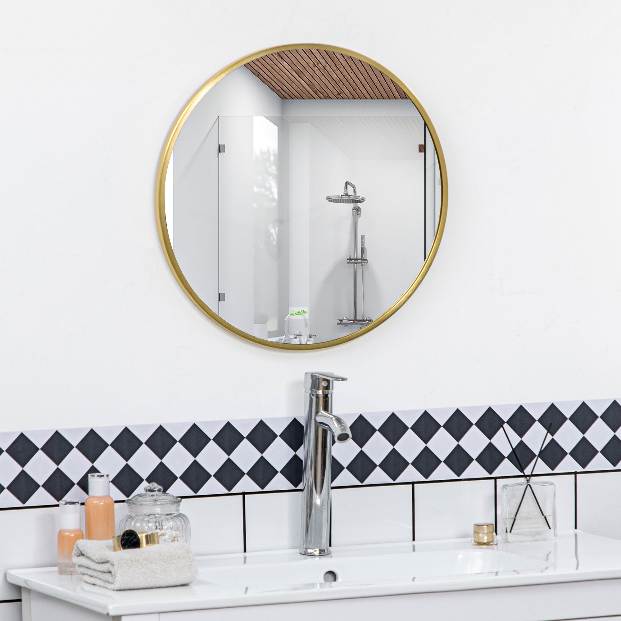 kleankin Runder Wandspiegel für Bad, Schlafzimmer, Flur, Metallrahmen, Farbe: Gold, Ø50 cm