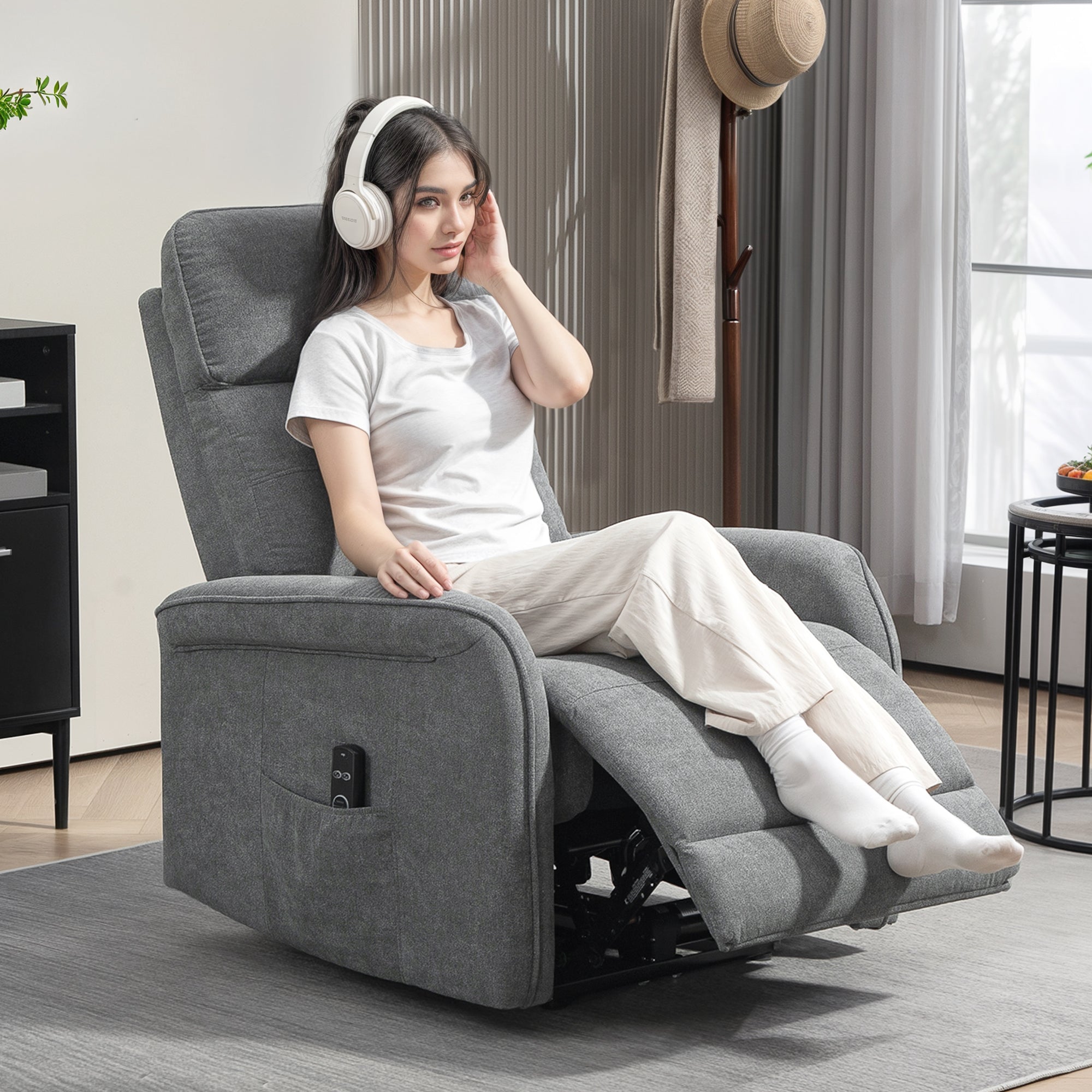 HOMCOM Massagesessel mit Fernbedienung, 8 Massagepunkte, Lendenheizung, USB-Anschluss, Seitentasche, Polstersessel, Grau