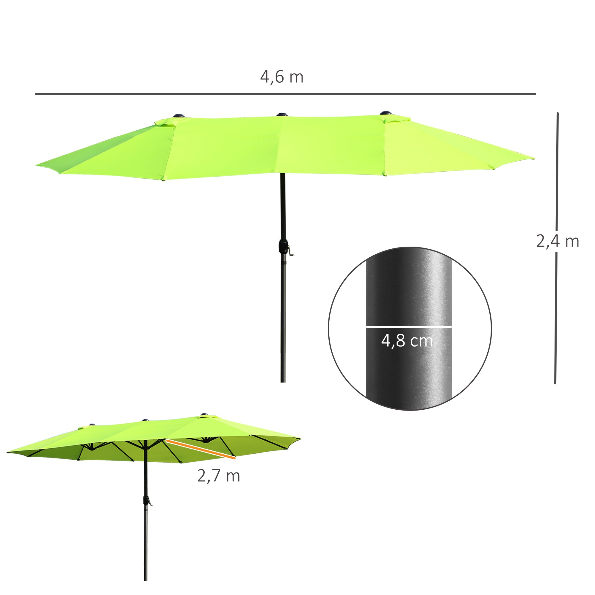 Outsunny Doppelsonnenschirm 455 x 270 cm Gartenschirm mit Handkurbel oval stabil Metallstange Marktschirm Doppelsonnenschirm Terrassenschirm Sonnenschutz für Strand Balkon Terrasse Garten Grün