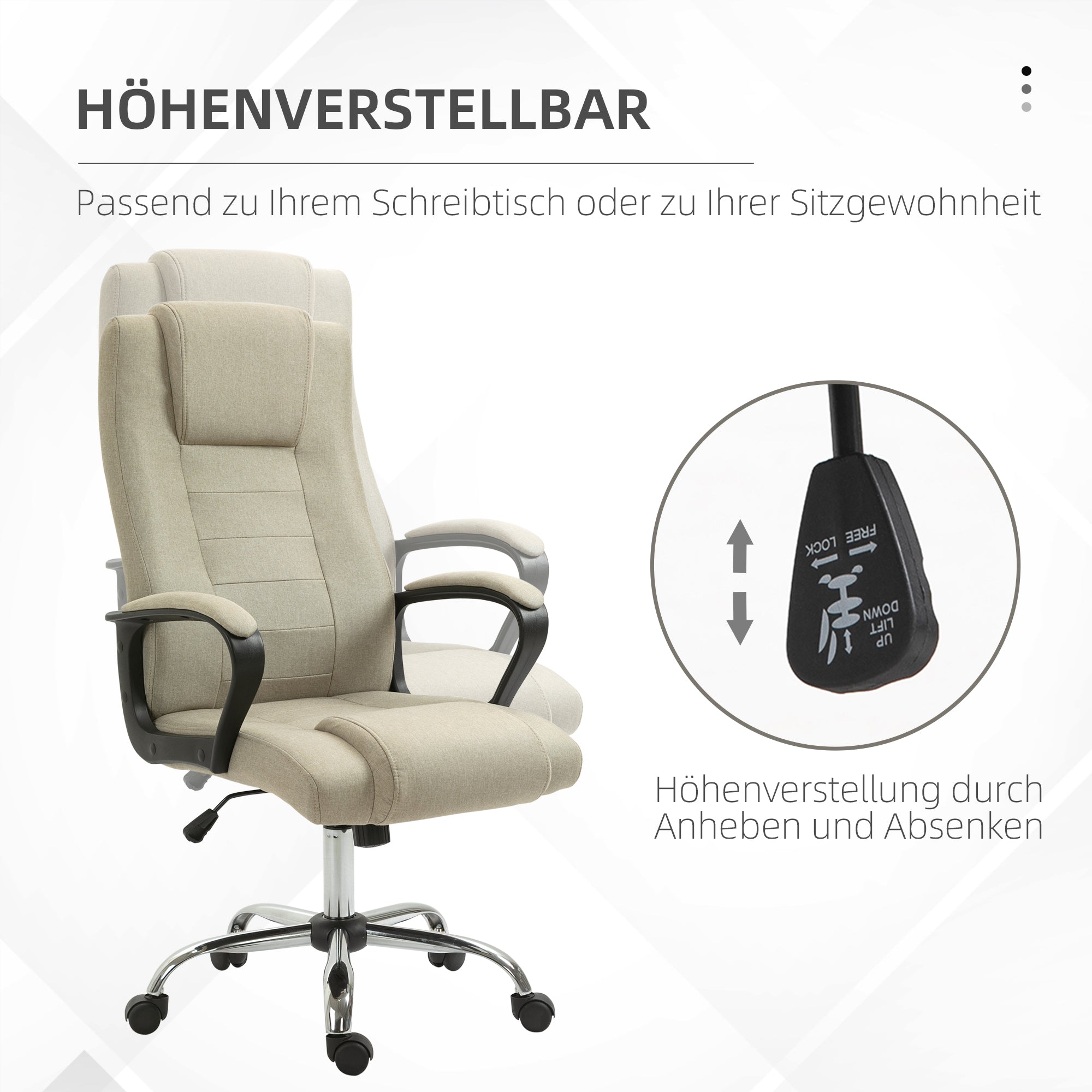 Vinsetto Bürostuhl in Leinenoptik, höhenverstellbar, Wippfunktion, 5 Rollen, Beige
