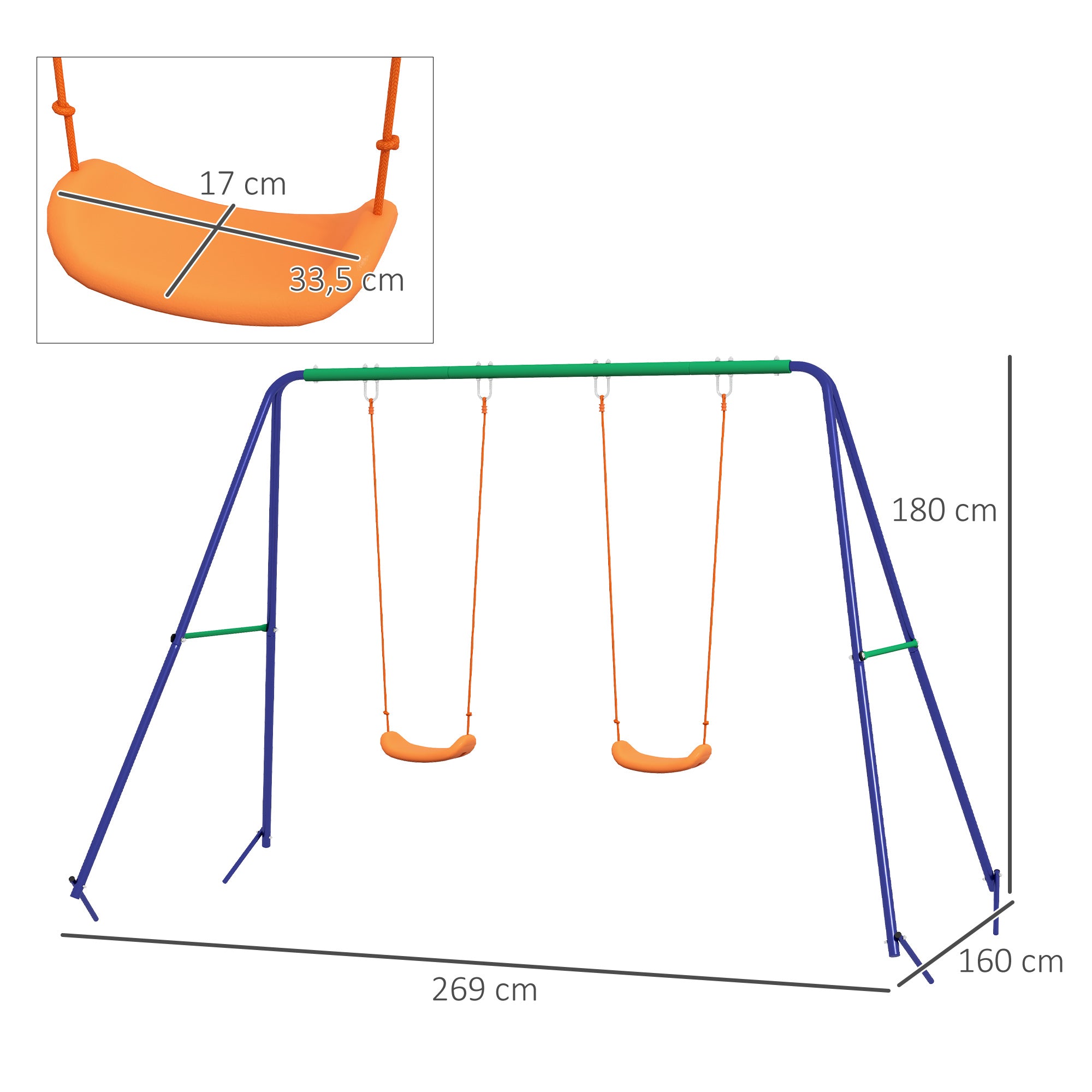 Outsunny Kinder-Schaukelgestell mit 2 Schaukelsitzen, für 3-8 Jahre, Stahl, 2,7 x 1,6 x 1,8 m
