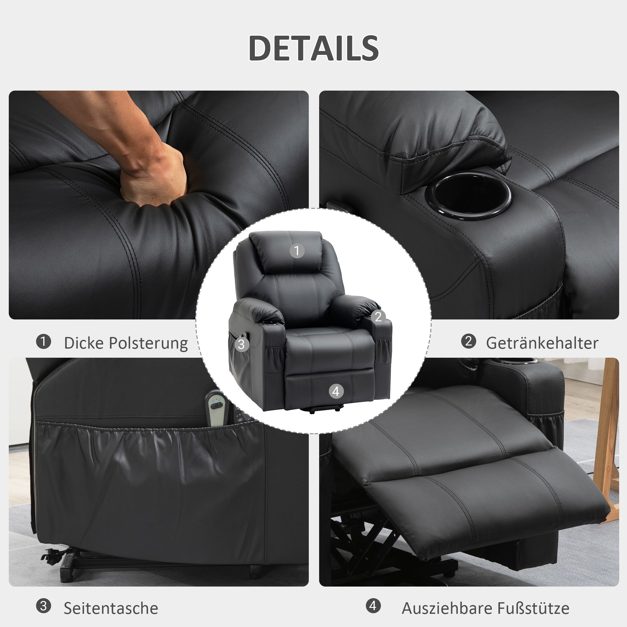 HOMCOM Aufstehsessel, Massagesessel, neigbare Rücklehne, 8 Massagemodi, elegantes Kunstleder, schwarz, 88 x 99 x 106cm