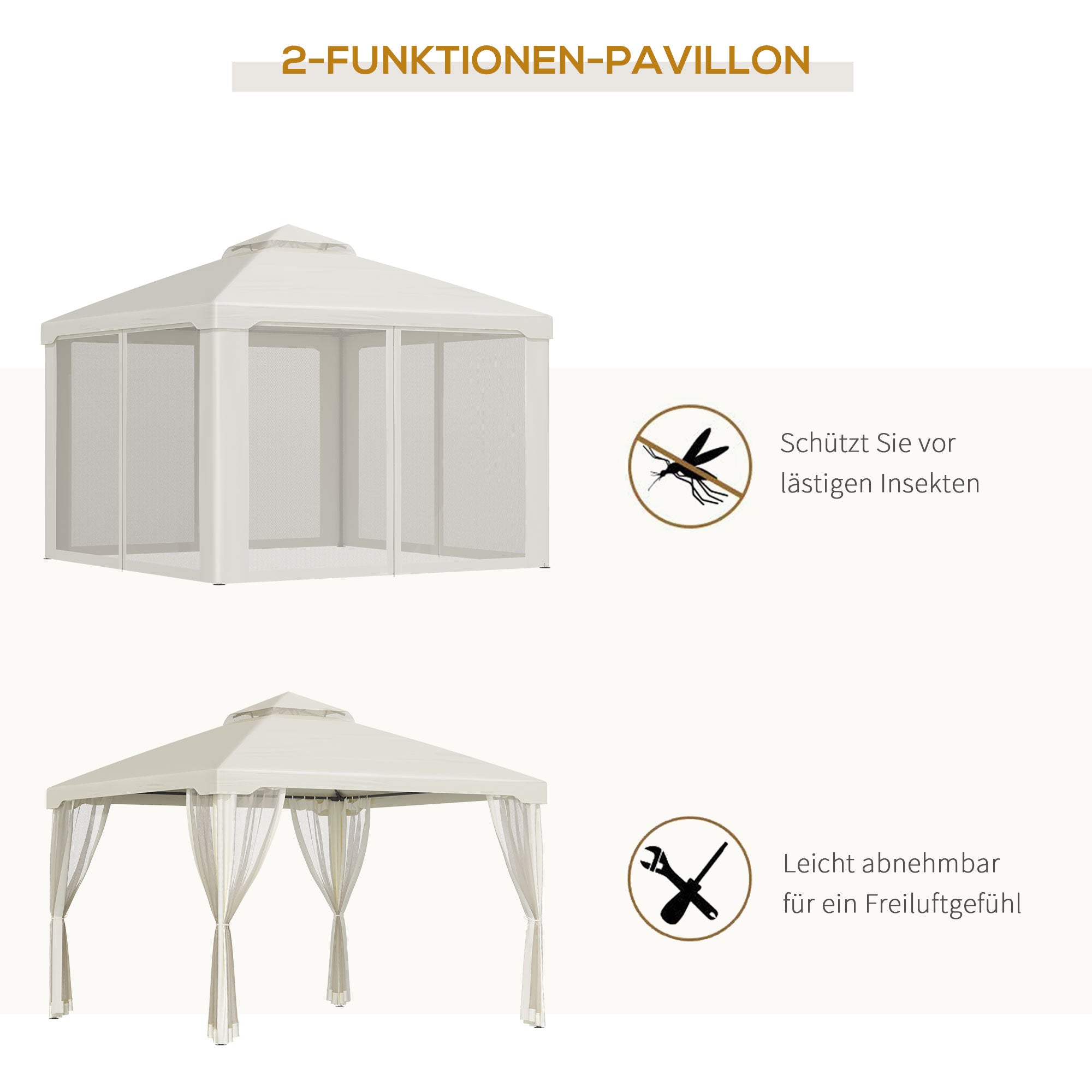Outsunny Pavillon mit Doppeldach, ca. 3x3 m Wasserdicht Stabil Winterfest Gartenpavillon mit Moskitonetz, Seitenteile, Garten-Pavillon aus Metall, für Garten, Terrasse, Cremeweiß