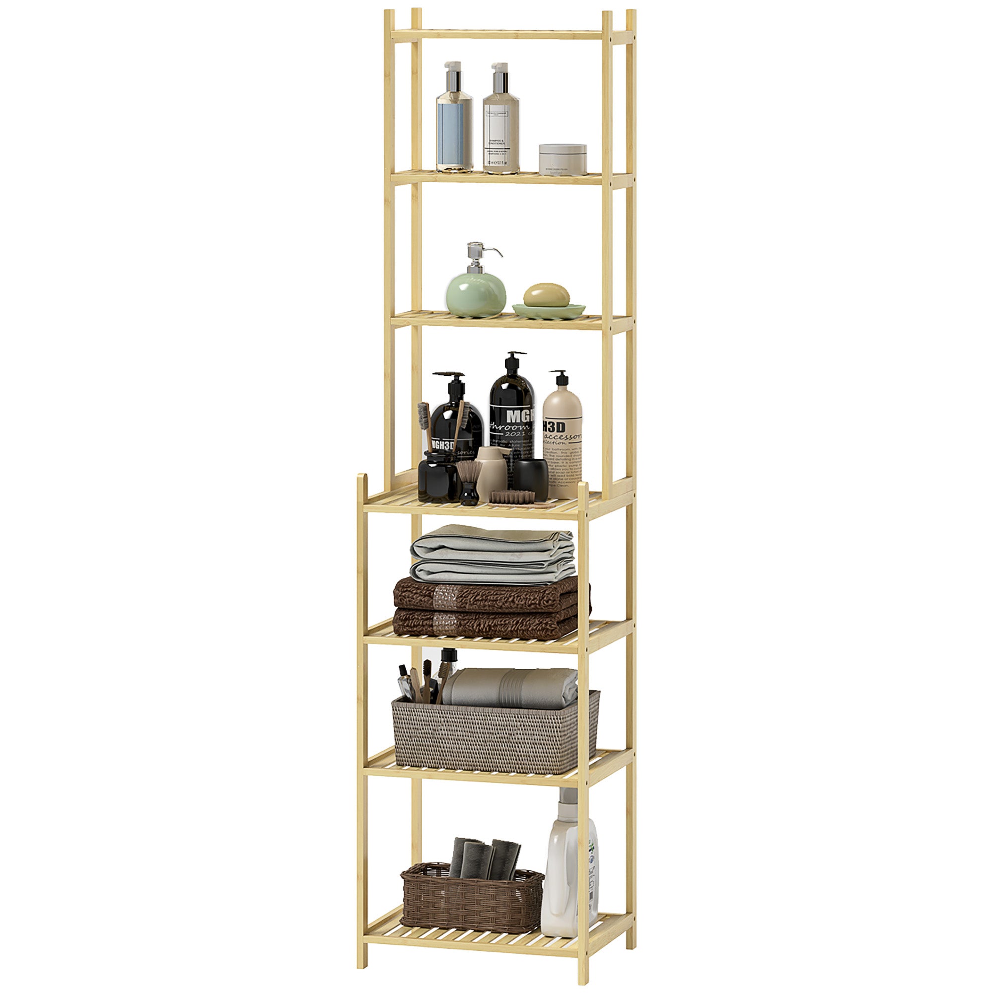 HOMCOM Badezimmerregal mit 7 Ebenen, Badregal aus Bambus, wasserfest, robust, 180 cm