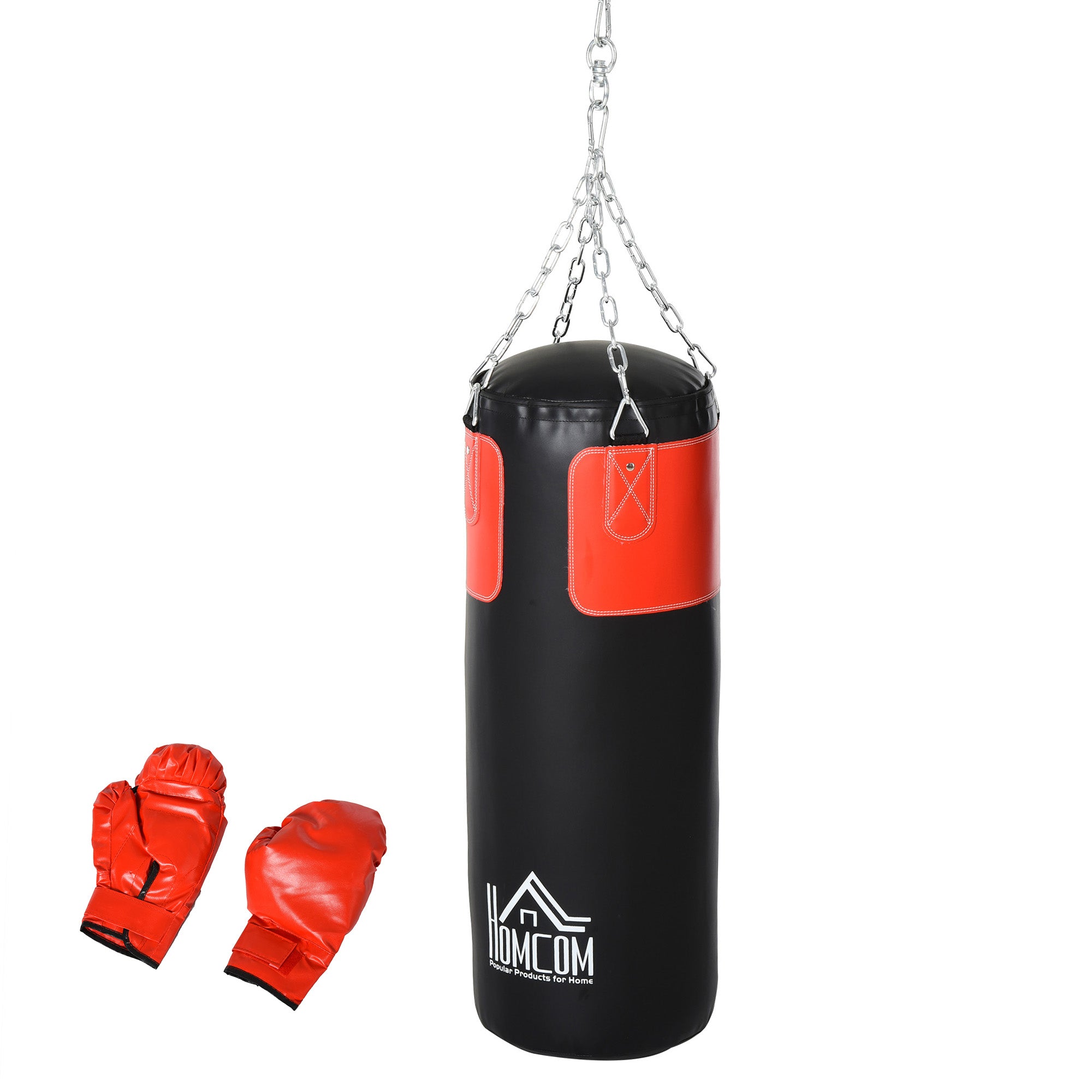 HOMCOM Boxsack-Set Box-Set mit Boxhandschuhen Gefüllt Set für Erwachsene Jugendlichen Hanging Boxing Heavy Bag 16 KG Ø30 x 120 cm Schwarz+Rot