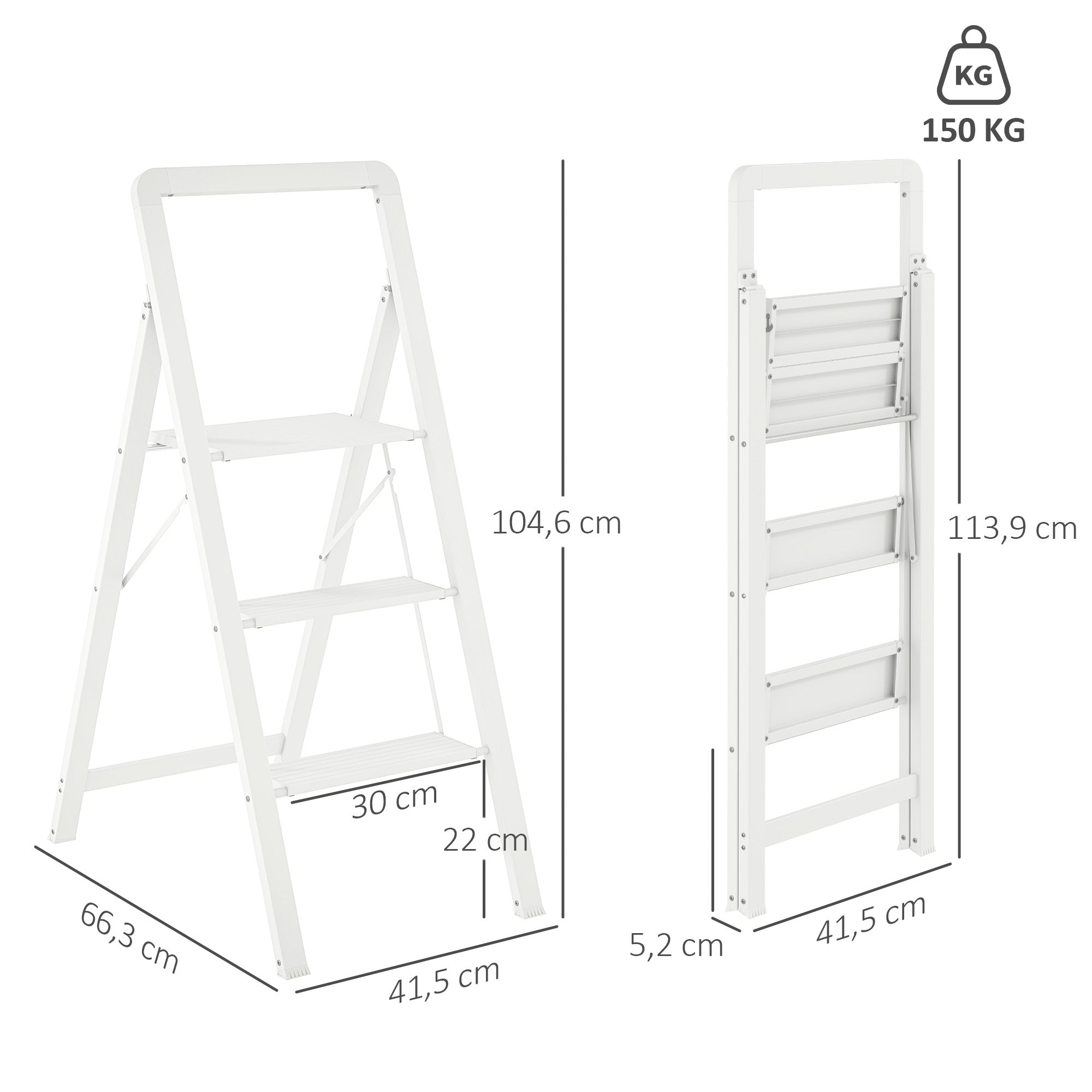 HOMCOM 3-stufige Trittleiter, Aluminum faltbar, rutschfeste Plattform, Weiß