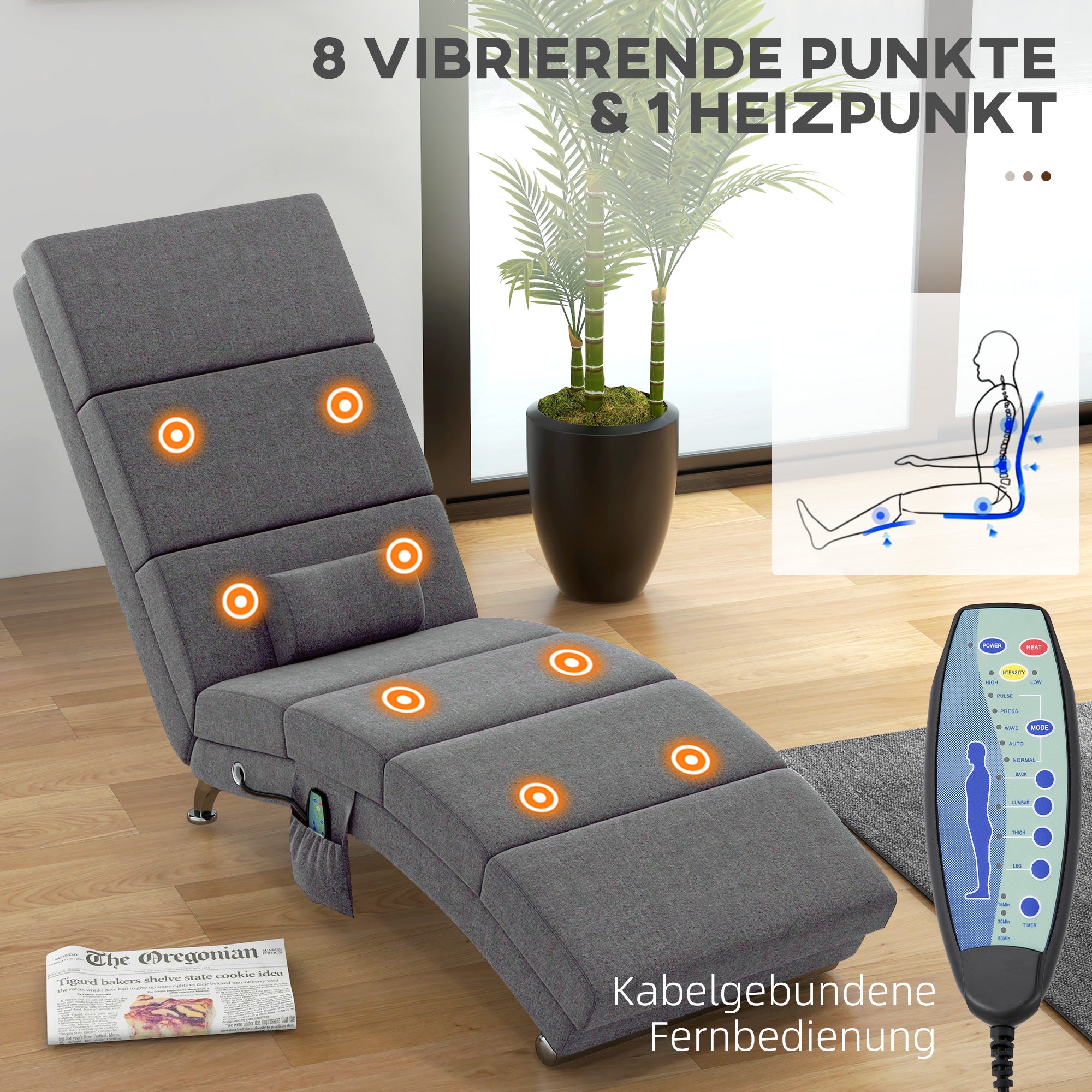 HOMCOM Massagesessel Relaxsessel Liegesessel 8 Vibrationspunkte, 5 Modi, 8 Vibrationspunkte, 56 x 168 x 84 cm, Grau