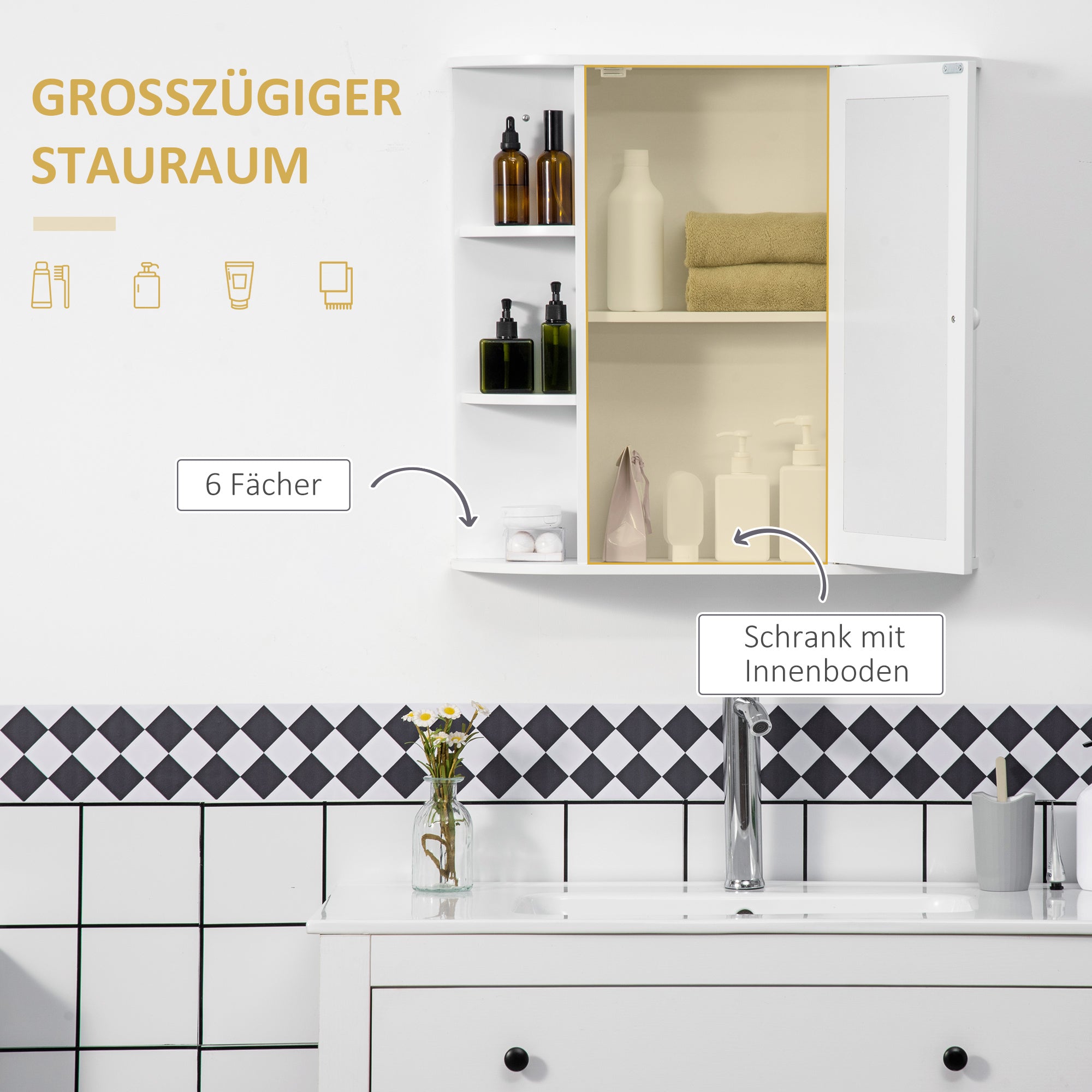 HOMCOM Spiegelschrank Badschrank Badezimmerschrank, 8 Fächer, Spiegeltüren, wasserbeständig, 66 cm x 17 cm x 63 cm, Weiß