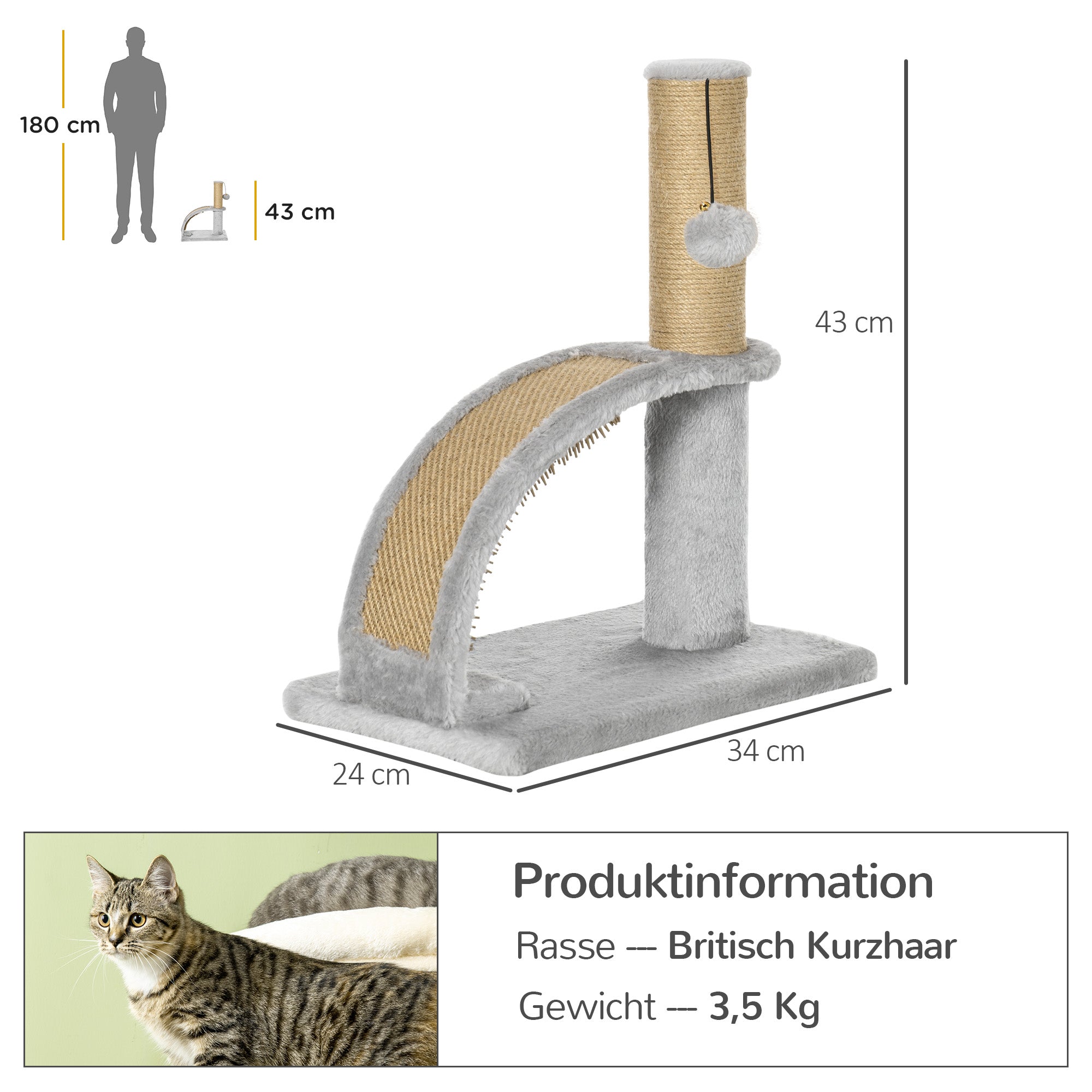 PawHut Katzenkratzbaum, Jutebespannung, hängende Kugel mit Glocke, Kratzbrett, 34L x 24B x 43H cm, Grau
