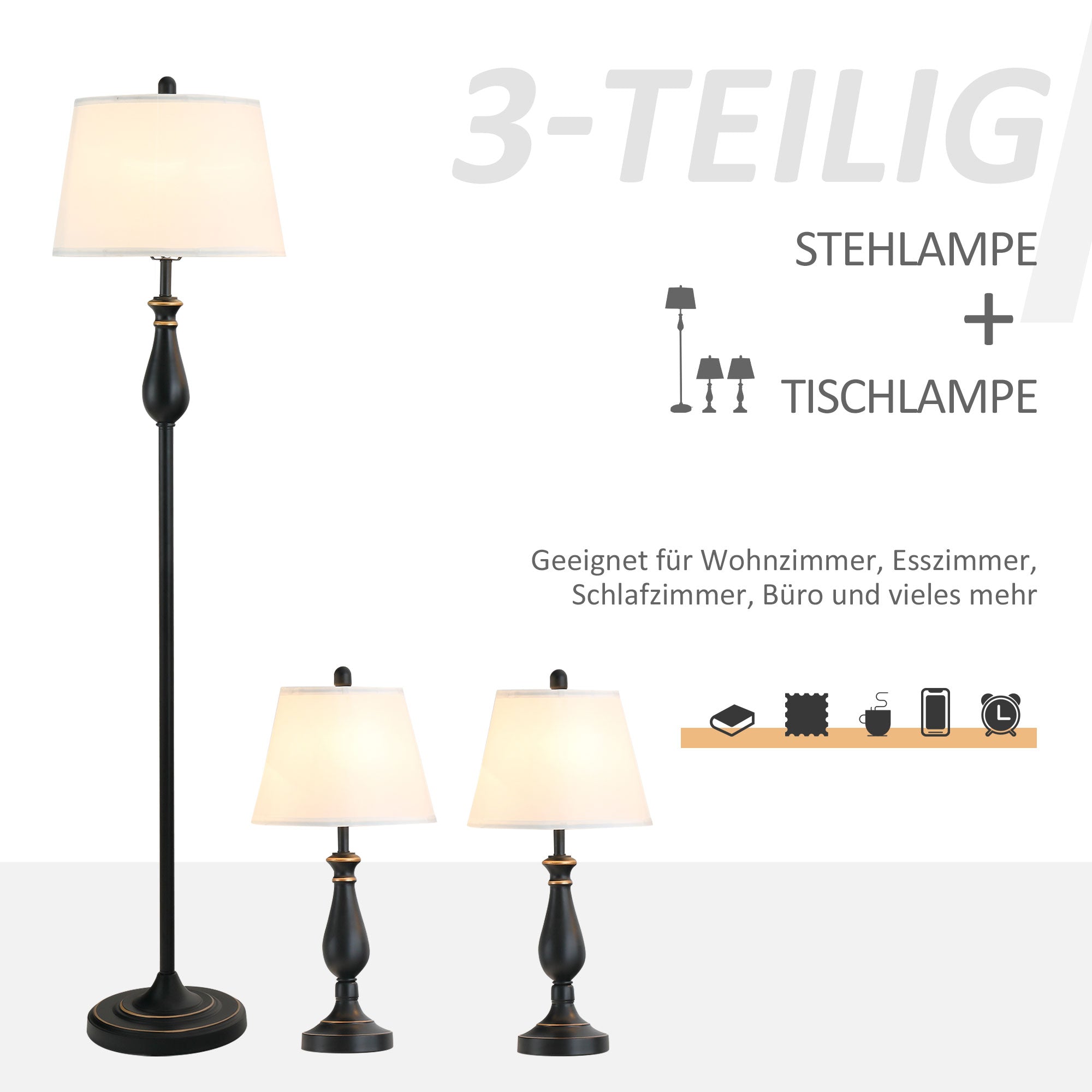 HOMCOM 3er-Lampenset 2 Tischlampe(ø30 x 62H cm) + 1 Stehlampe(ø38 x 158H cm)  Vintage, Schwarz+Weiß, Metall, PS, Polyester, Baumwolle E27 Lampensockel