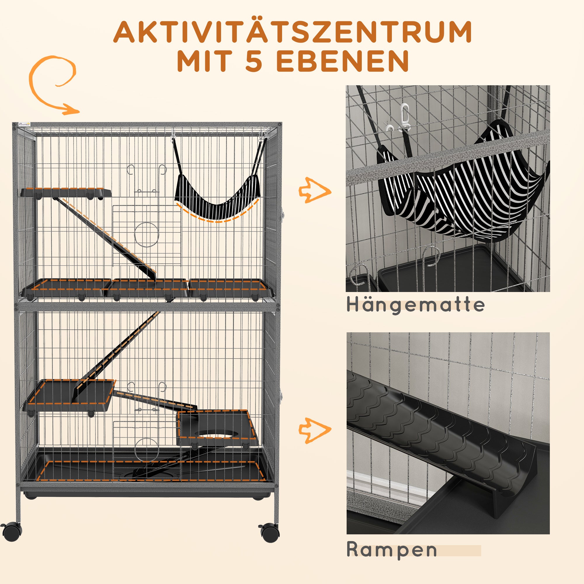 PawHut Kleintierkäfig mit Hängematte, Nagetierkäfig mit Rollen, 4-stöckiger Käfig, Metall, Kunststoff, 80 x 52 x 128 cm, Grau