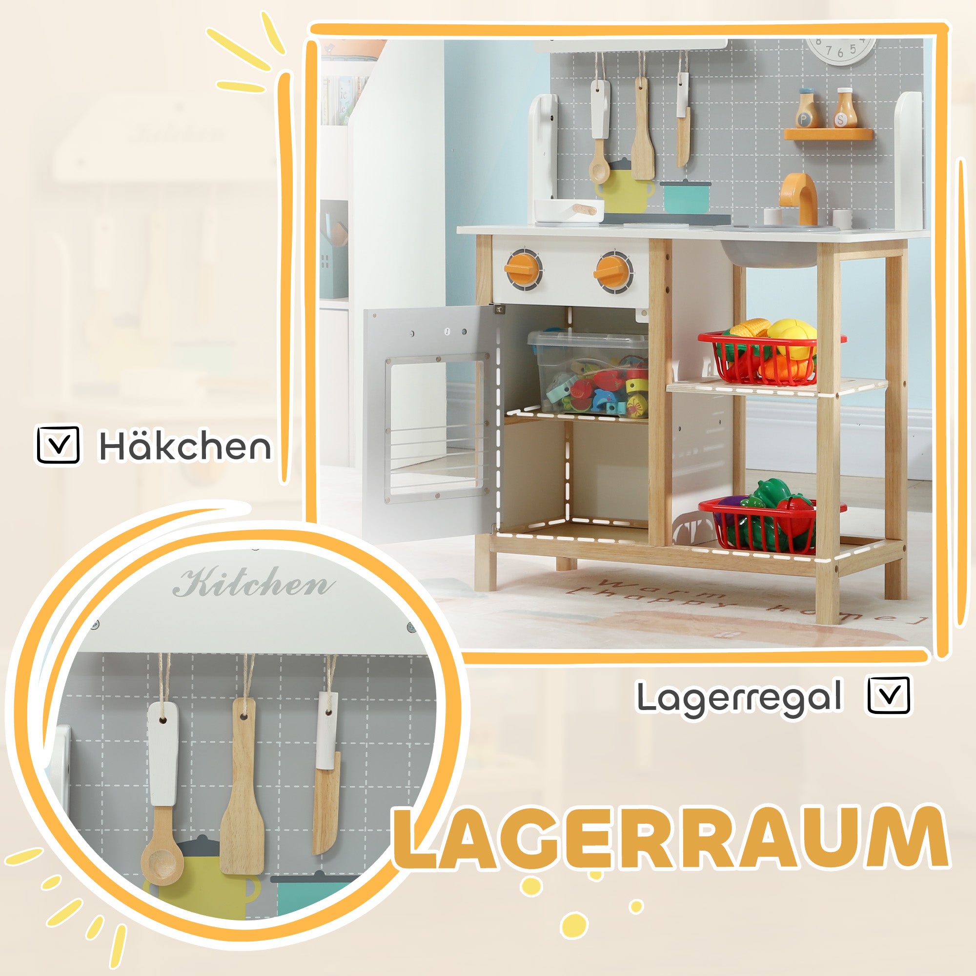 AIYAPLAY Spielküche mit Zubehör, Herd & Ofen, Spüle, Uhr, Ablagen, für 3-6 Jahre, Grau