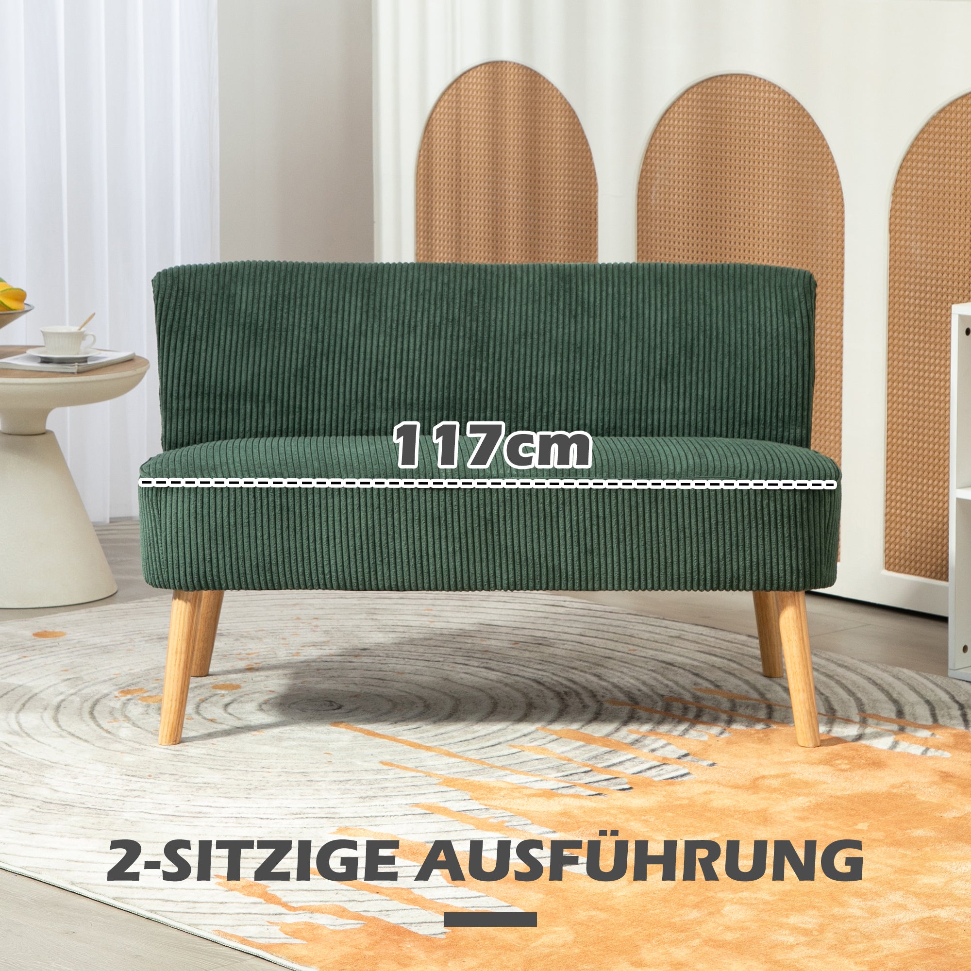 HOMCOM 2-Sitzer Polstersofa, Holz, Samtartiges Polyester, Schaumstoff, 117 x 56,5 x 77 cm, Grün
