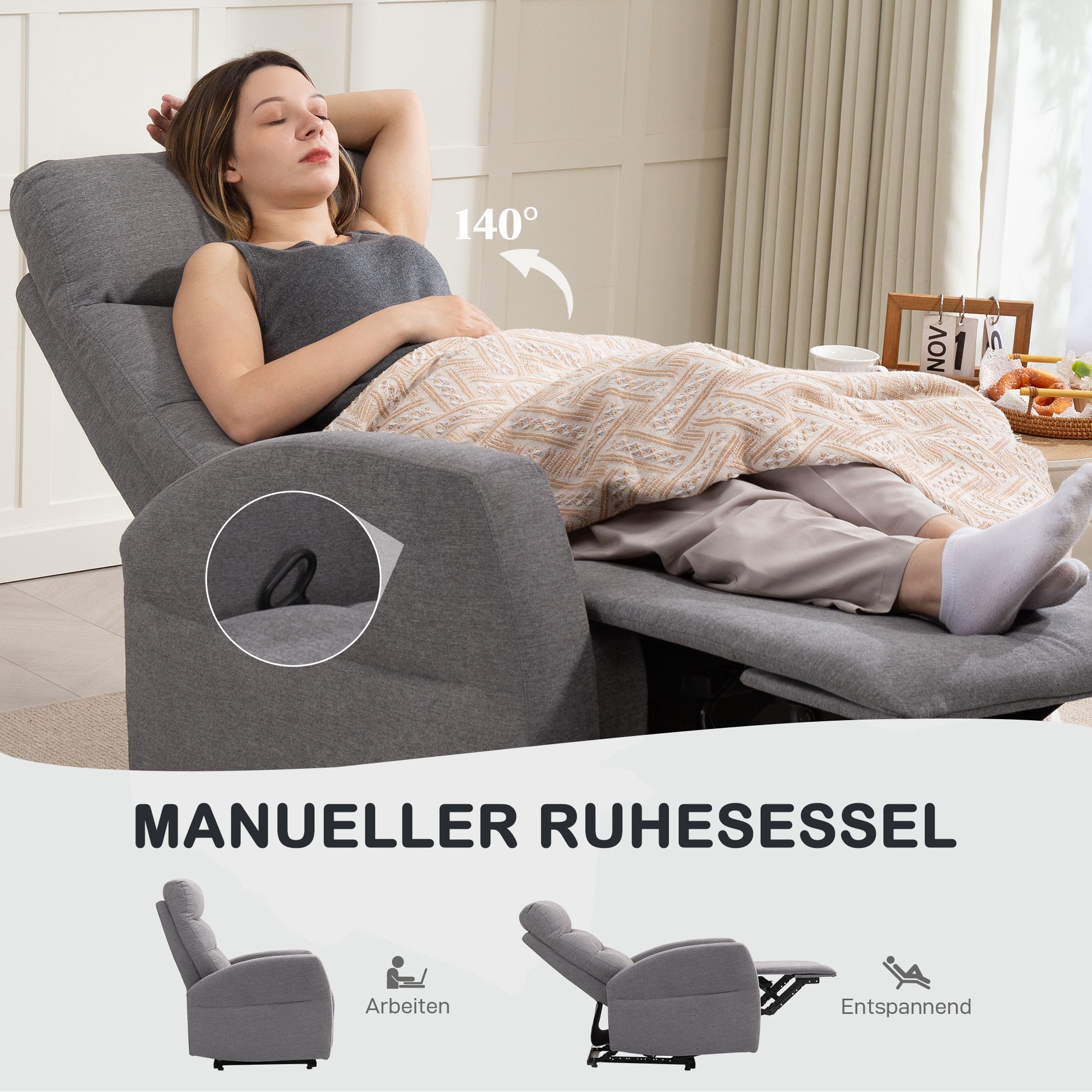 HOMCOM Verstellbarer Relaxsessel mit Fußstütze, Moderner Polstersessel, Dunkelgrau