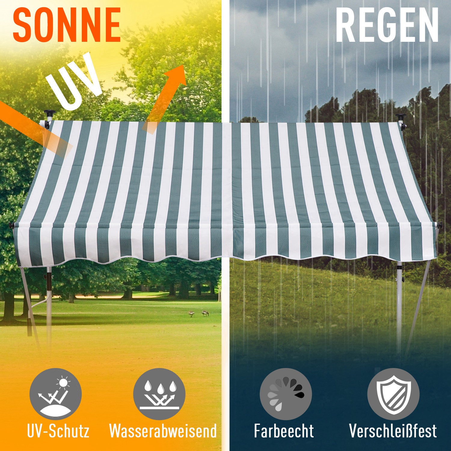 Outsunny Klemmmarkise mit Handkurbel höhenverstellbar Gelenkarmmarkise schmutzabweisend, witterungsbeständig Balkonmarkise 150cm breit Terrassenmarkise für Terrasse Balkon Veranda Grün