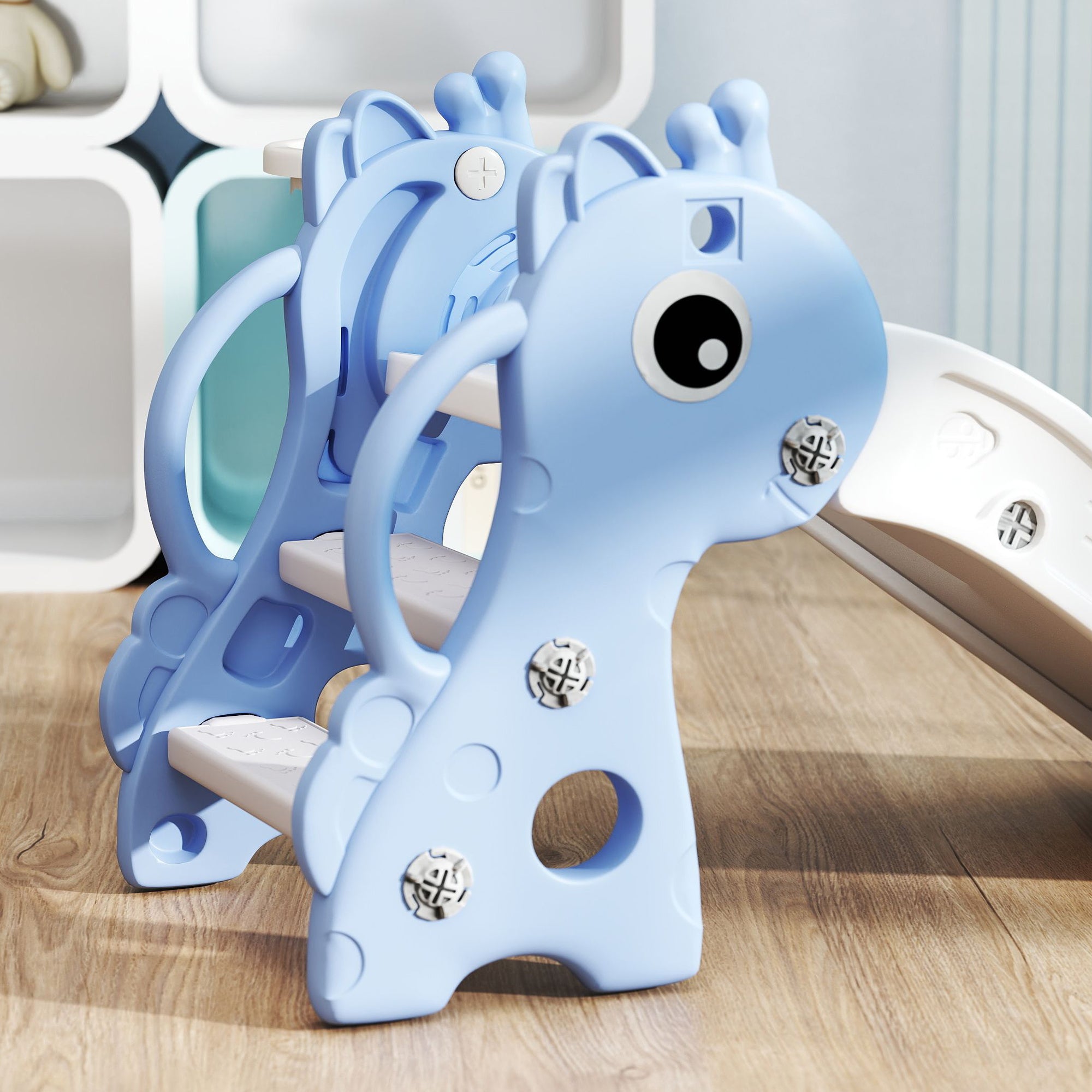 AIYAPLAY 3-in-1 Rutsche für Kinder, Giraffenform, Basketballkorb, Ball, Blau